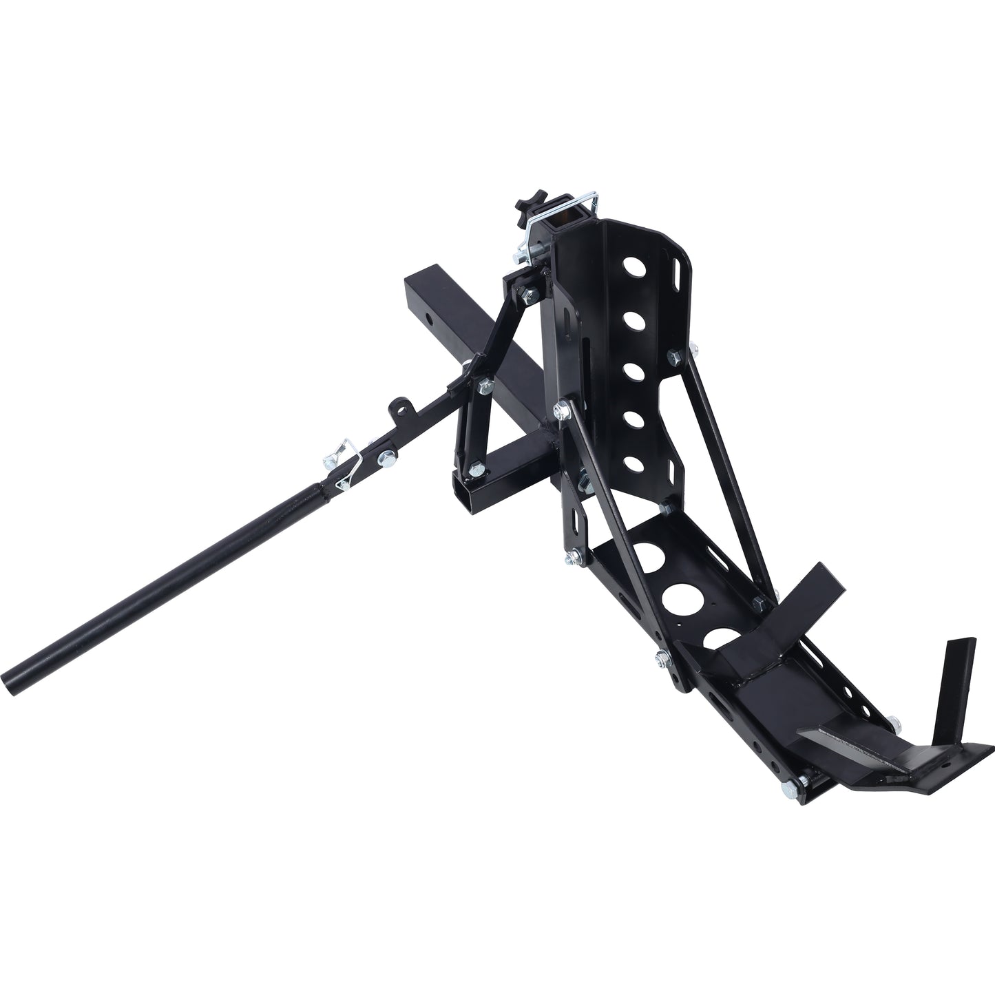 Black steel motorcycle trailer hitch carrier with adjustable wheel chock and locking pin for secure transport