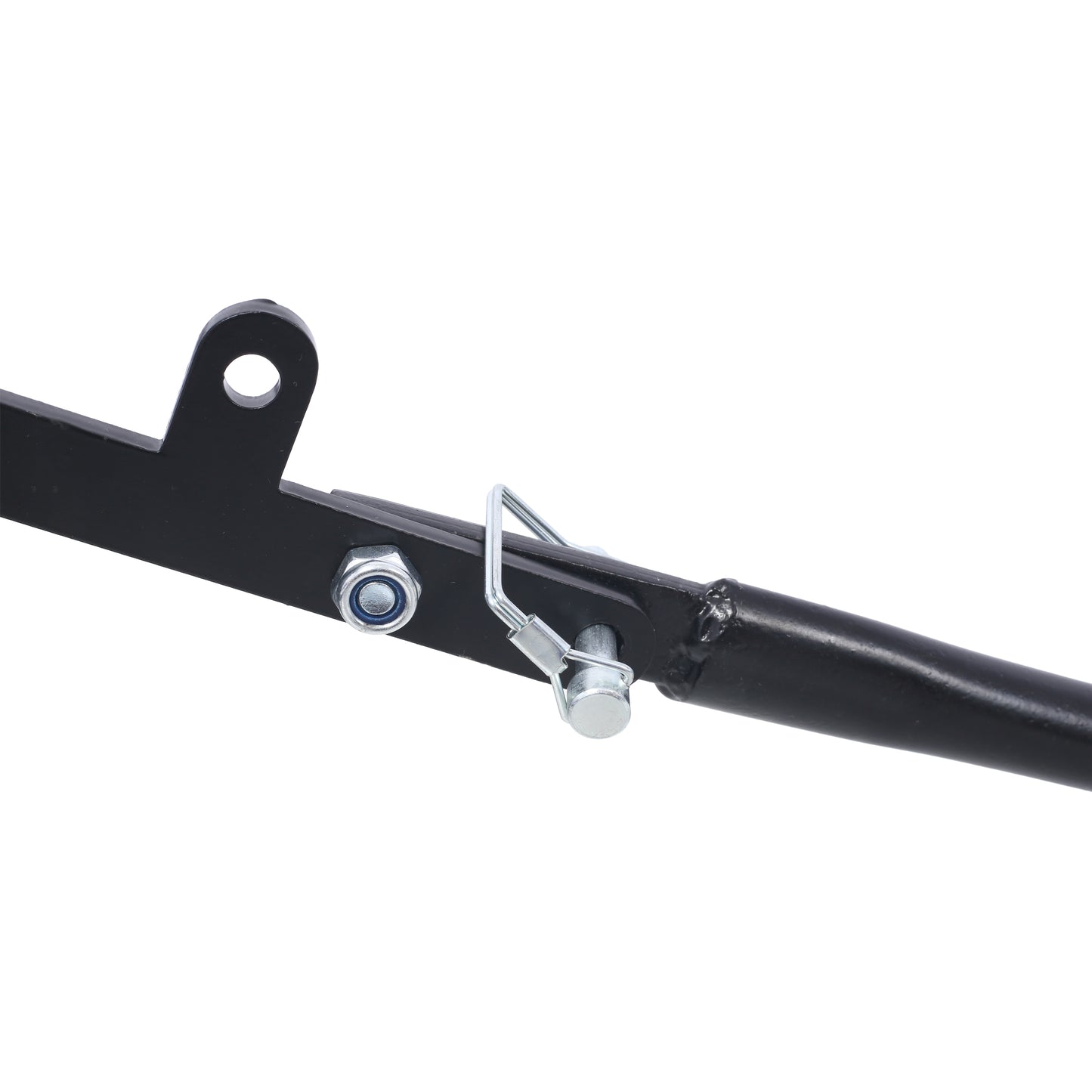 Black metal hitch pin securing a trailer component featuring a spring clip and bolt