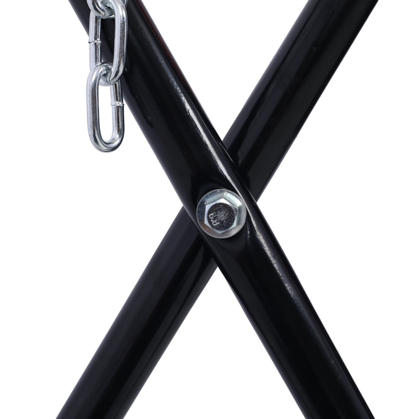 Closeup of black metal tripod legs with a silver chain detail