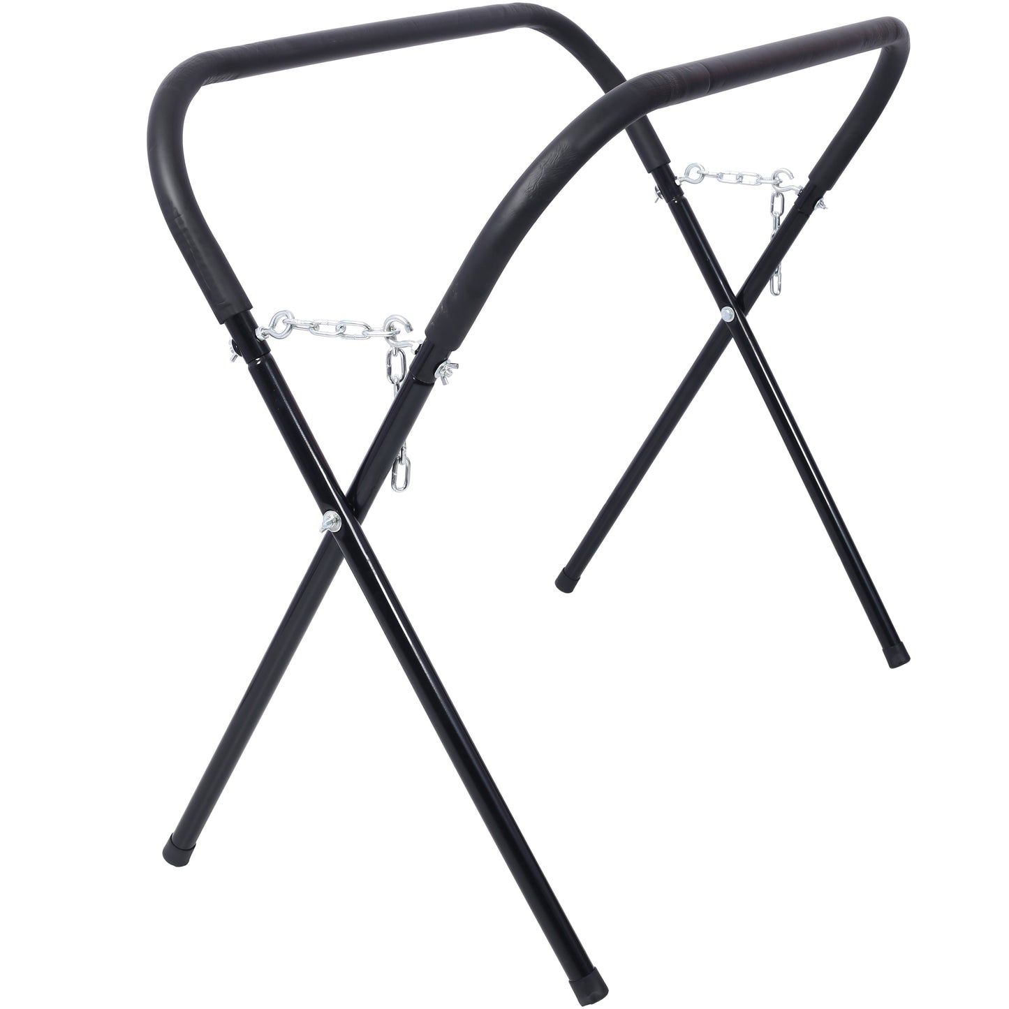 Black padded folding sawhorses with metal chains ideal for workshops and DIY projects