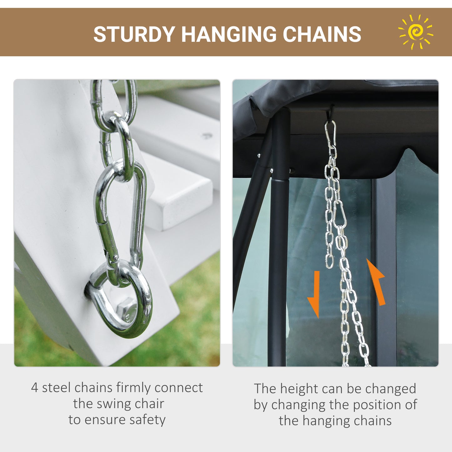 Four sturdy steel chains securely attaching a white swing chair for enhanced safety