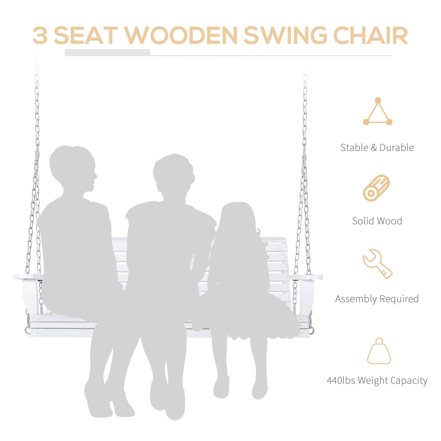 White seat wooden swing chair with silver chains perfect for patio relaxation