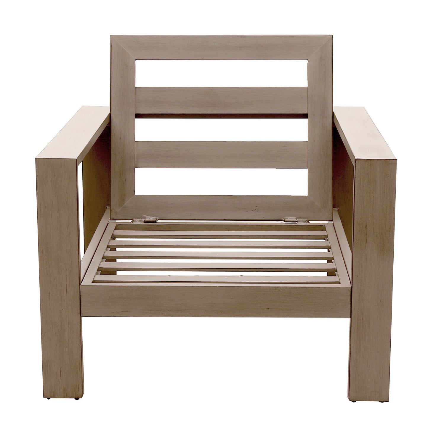 Light brown wooden armchair with horizontal slats on back and seat