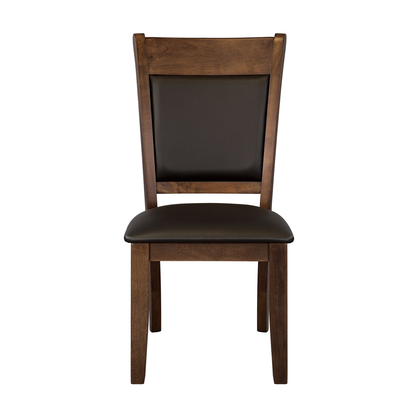 Wooden dining chair with dark brown faux leather seat and back