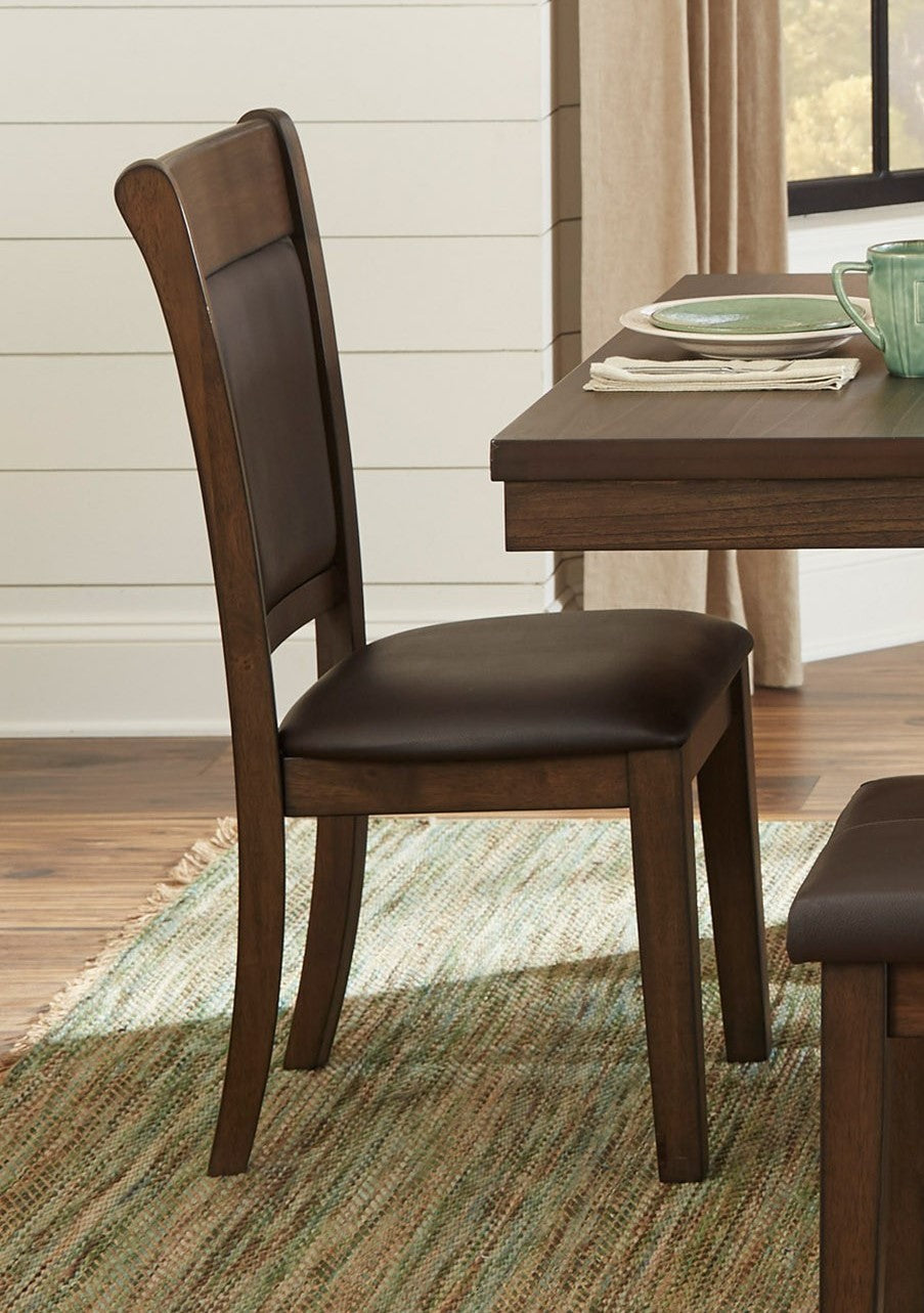 Dark brown wooden dining chair with upholstered seat and back