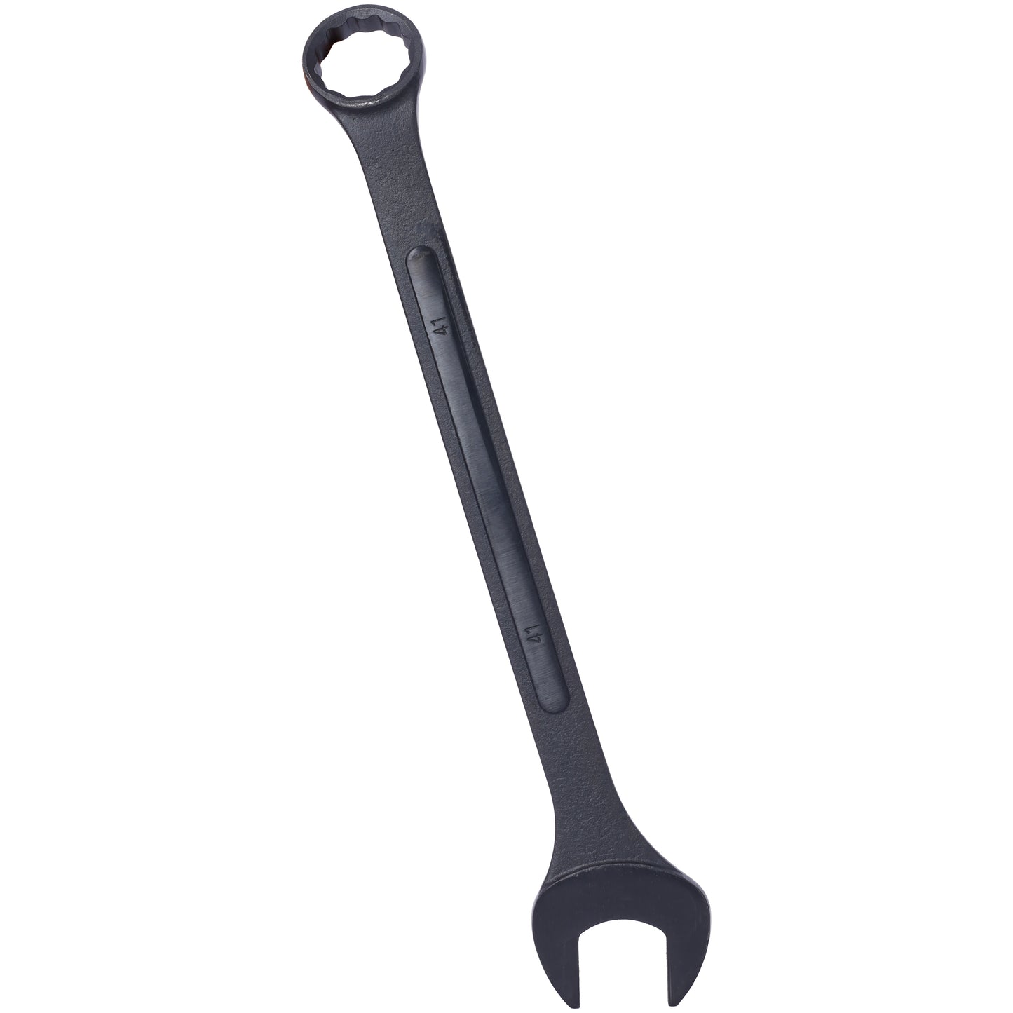 Heavyduty steel combination wrench with a matte black finish and mm size marking