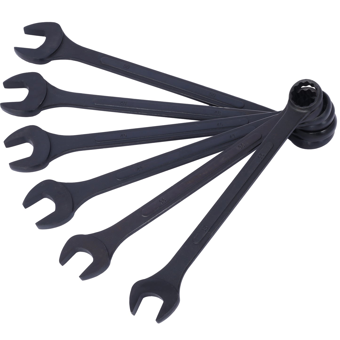 Set of six black combination wrenches with various sizes marked for mechanical work