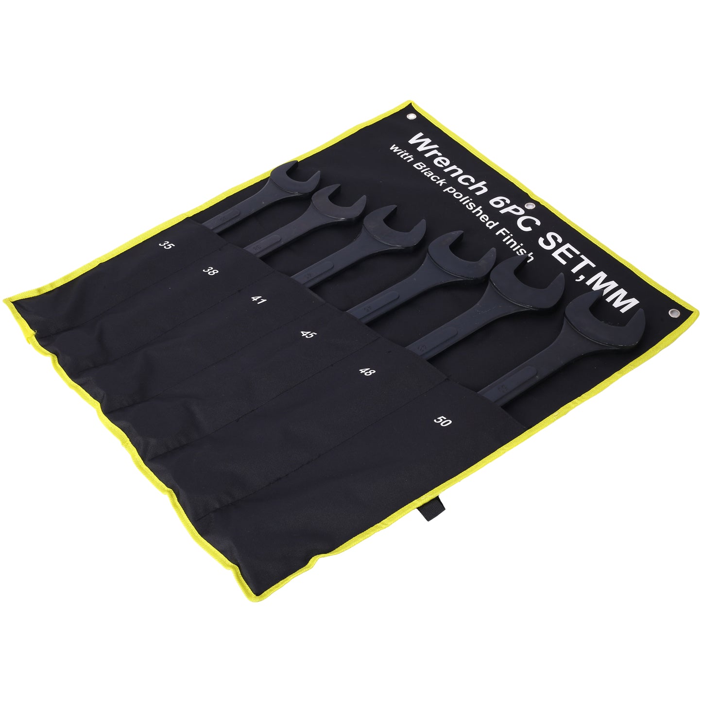Black polished finish PC wrench set in MM sizes neatly rolled in a black fabric pouch