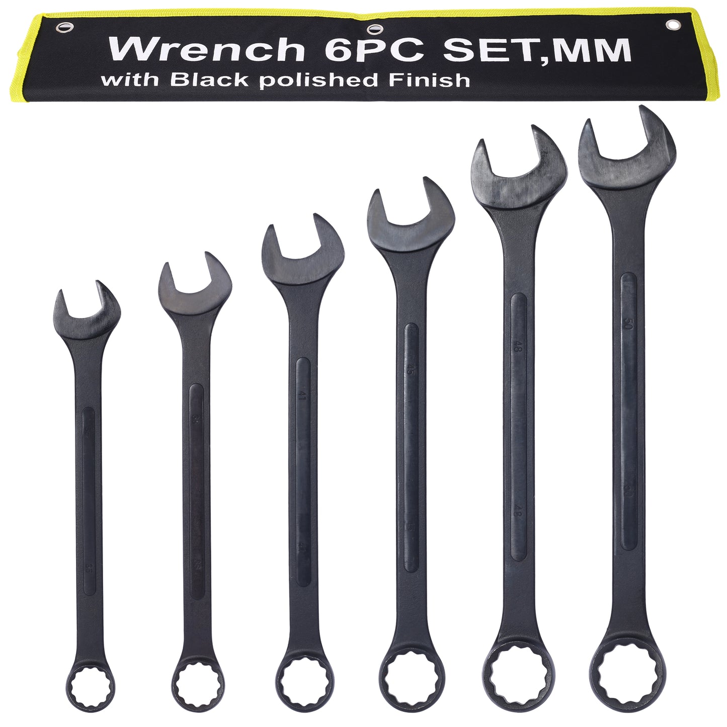 Six black polished finish combination wrenches in ascending size ideal for automotive repair