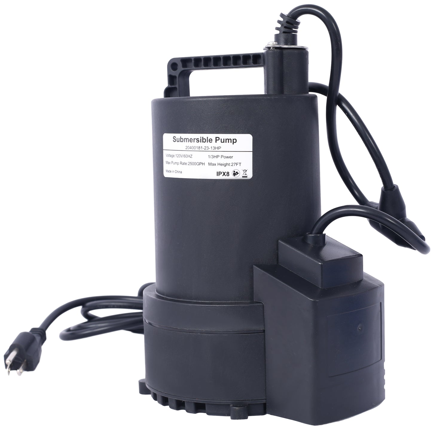 Black submersible pump with HP motor GPH capacity and IPX rating for efficient water drainage