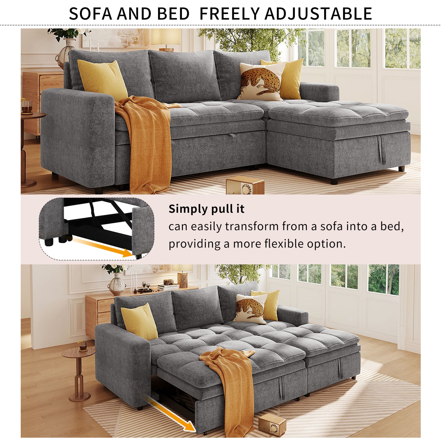 Gray sectional sofa easily transforms into a bed featuring storage and plush cushions