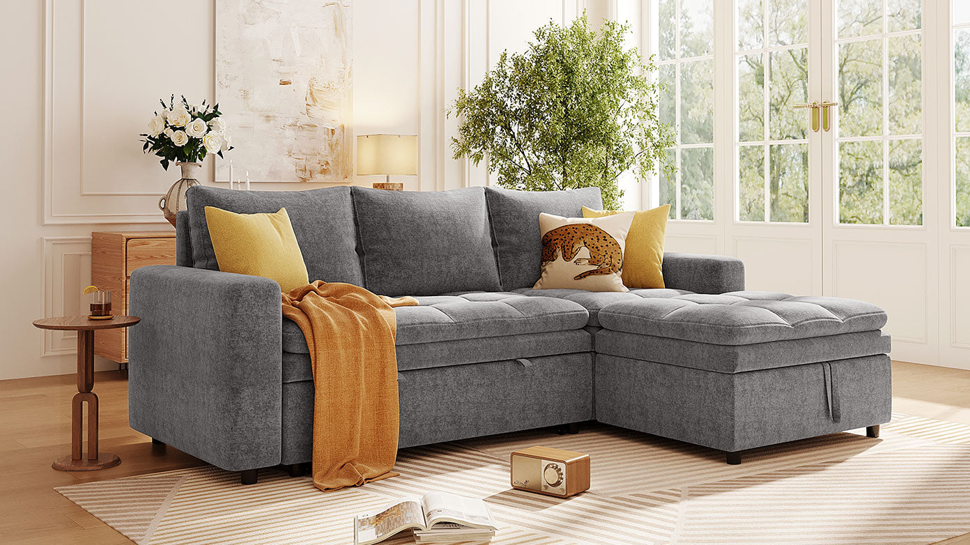 Grey fabric sectional sofa with storage chaise and yellow accent pillows