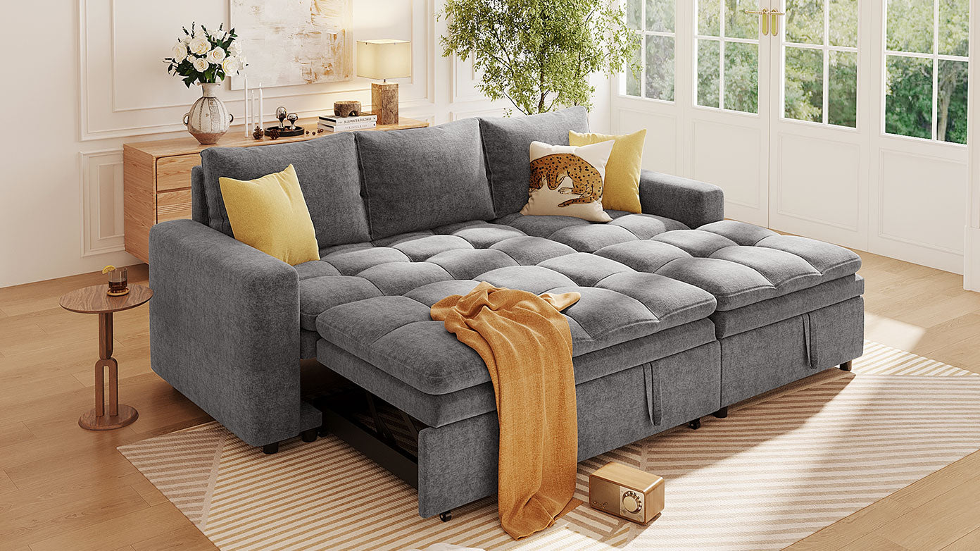 Grey fabric sectional sofa with pullout bed and storage ideal for small living spaces