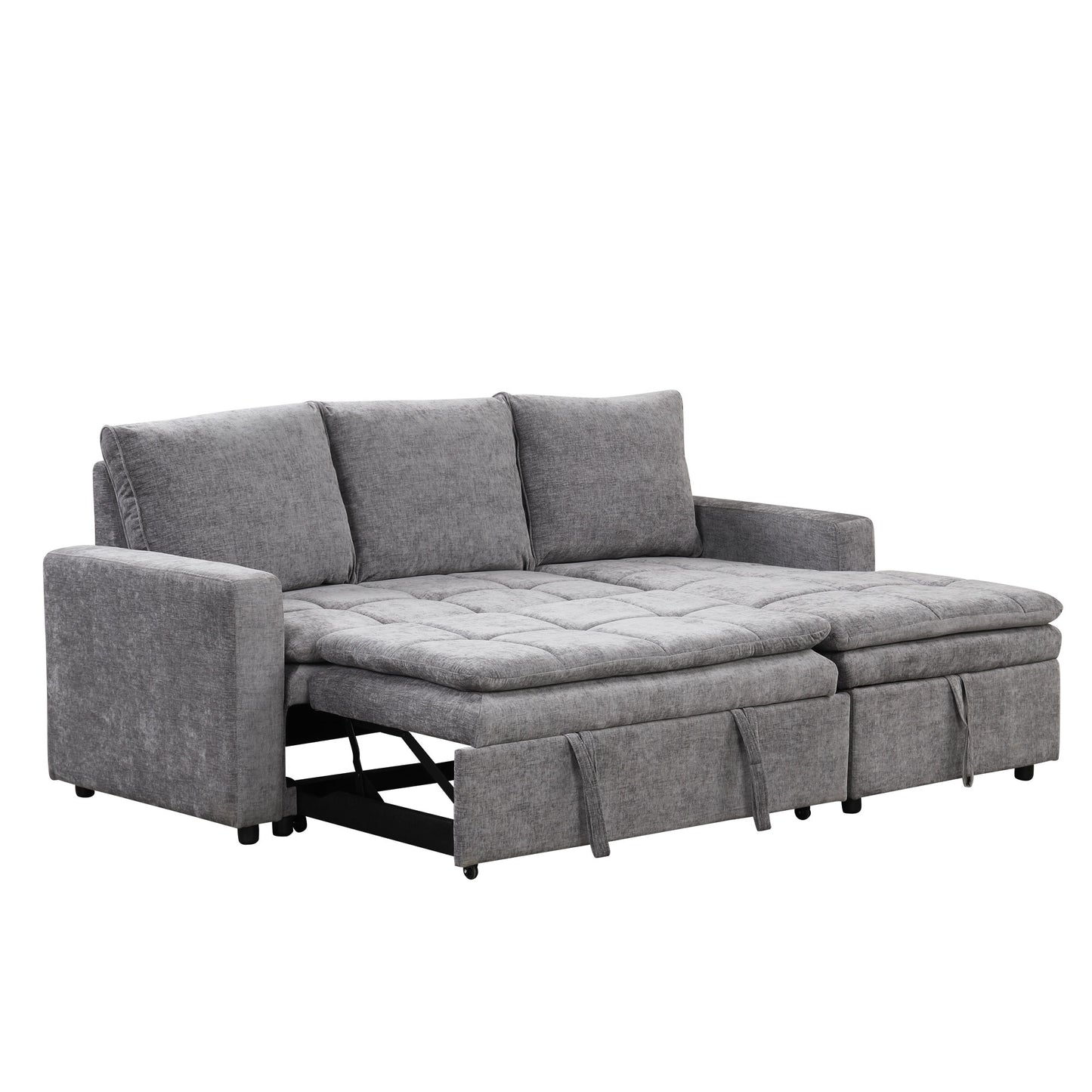 Gray fabric sectional sofa bed with pullout mattress and storage