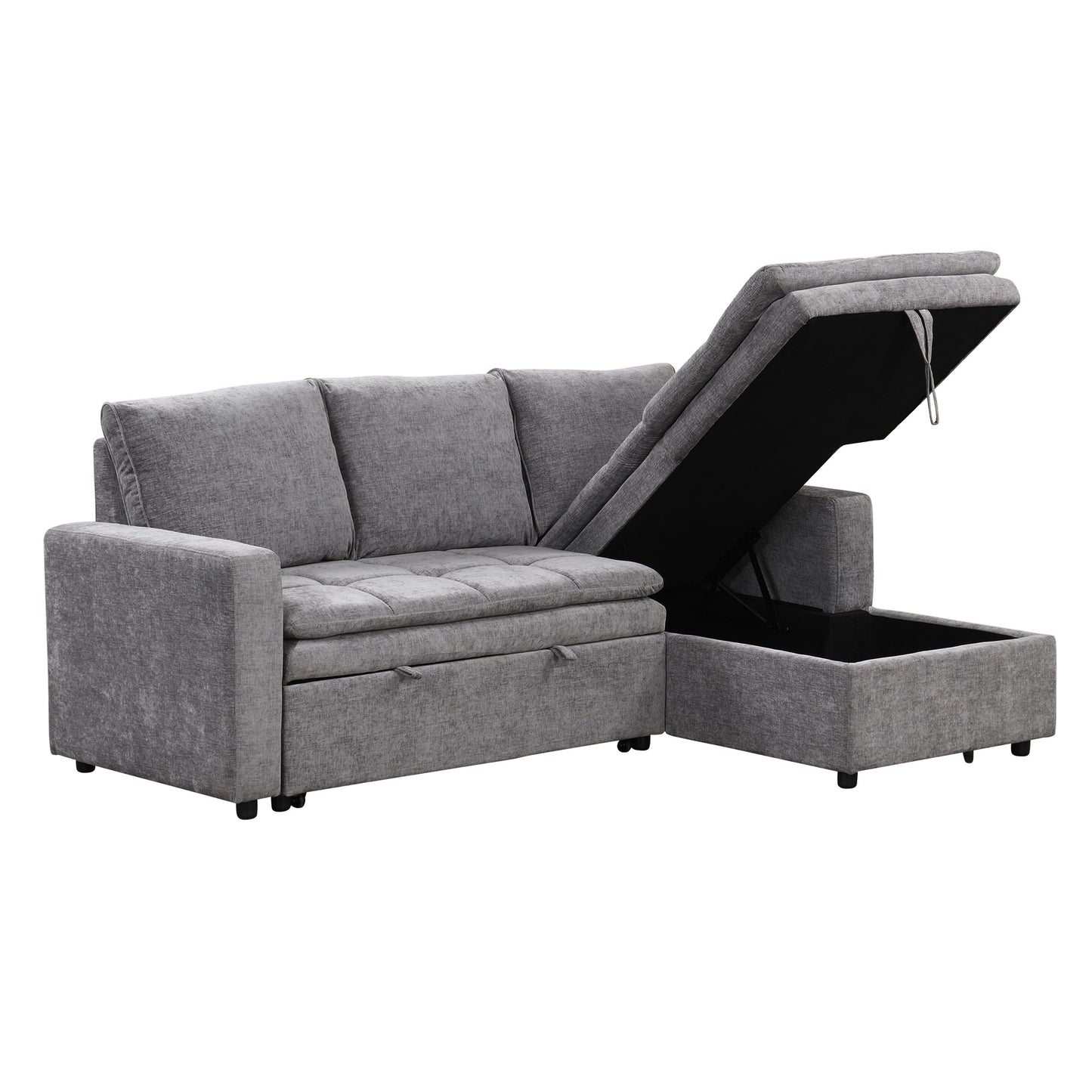 Gray fabric sectional sofa with hidden storage compartment and pullout bed