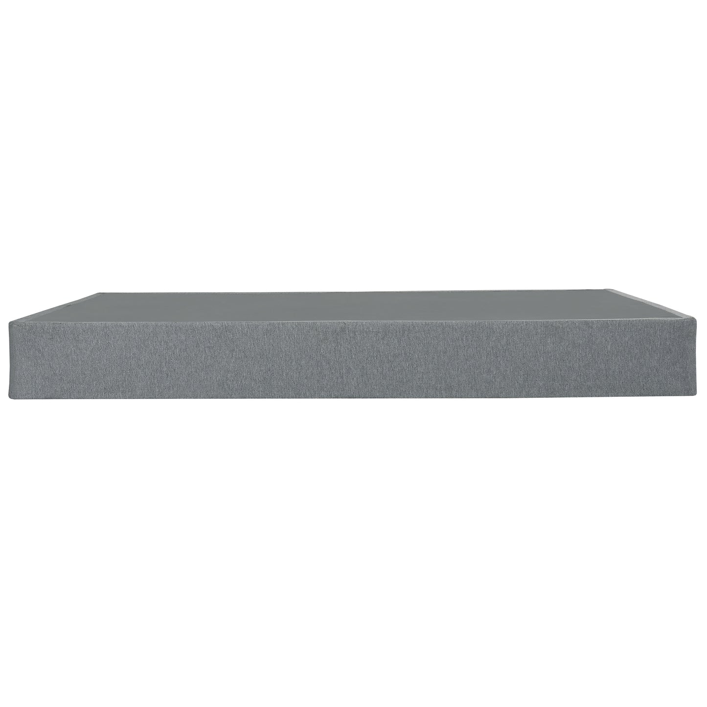 Grey upholstered king size bed frame with clean lines and a low profile