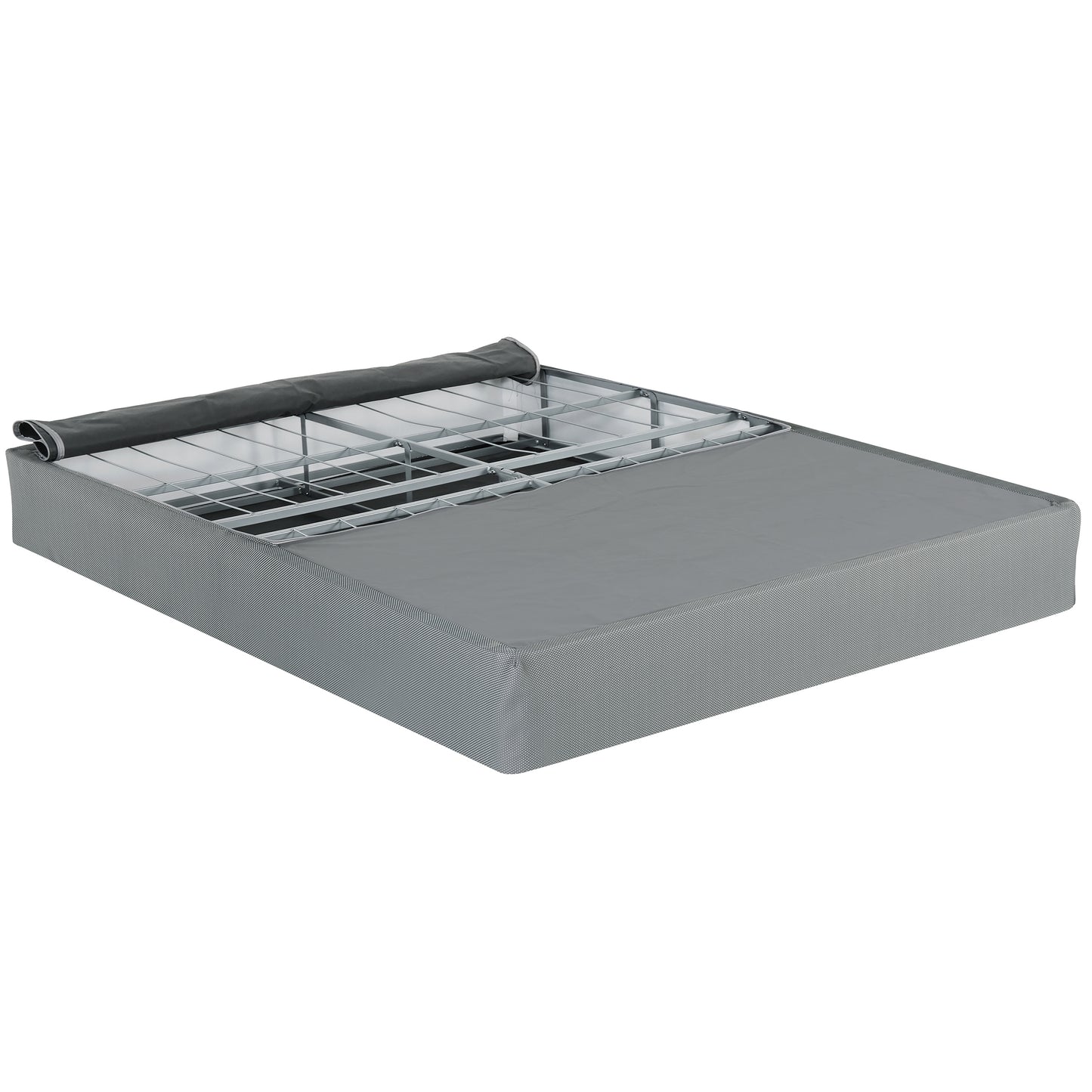 Grey metal bed frame with upholstered base offering sturdy mattress support