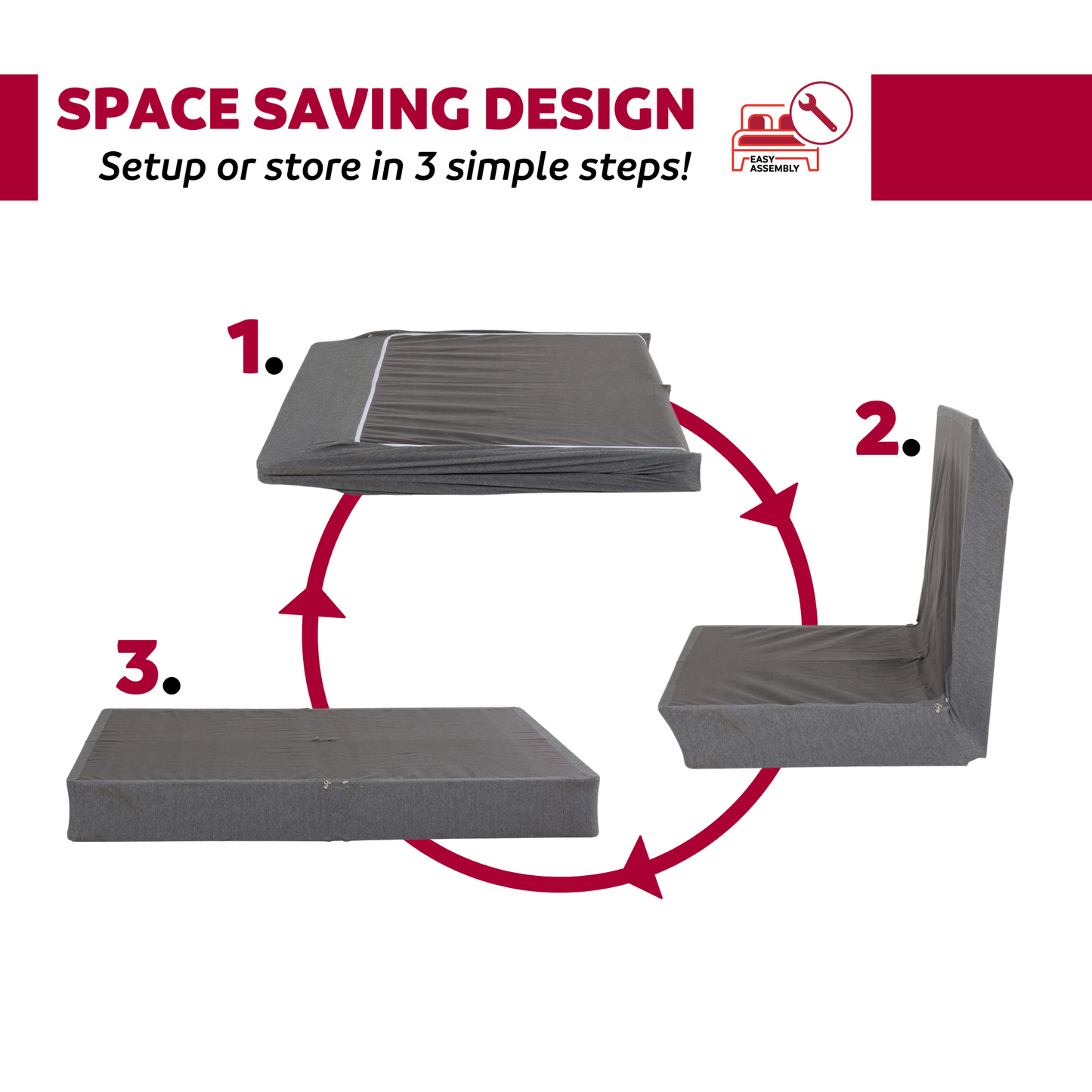 Grey upholstered mattress foundation folded for storage