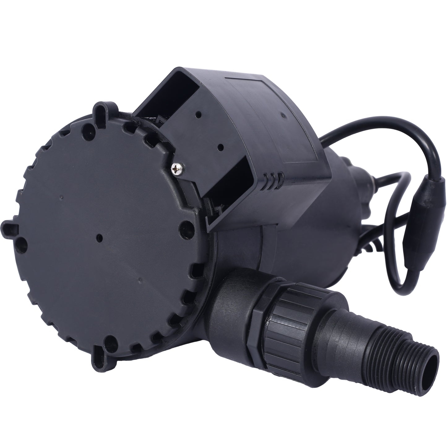 Black submersible pump with threaded fitting and power cord for aquariums