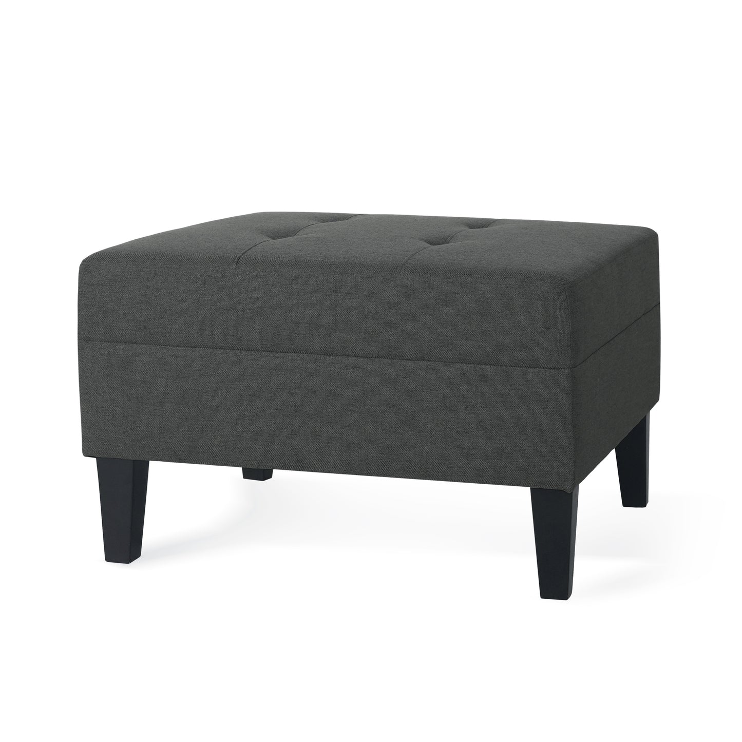 Tufted dark gray fabric ottoman with four black tapered legs ideal for living room accent