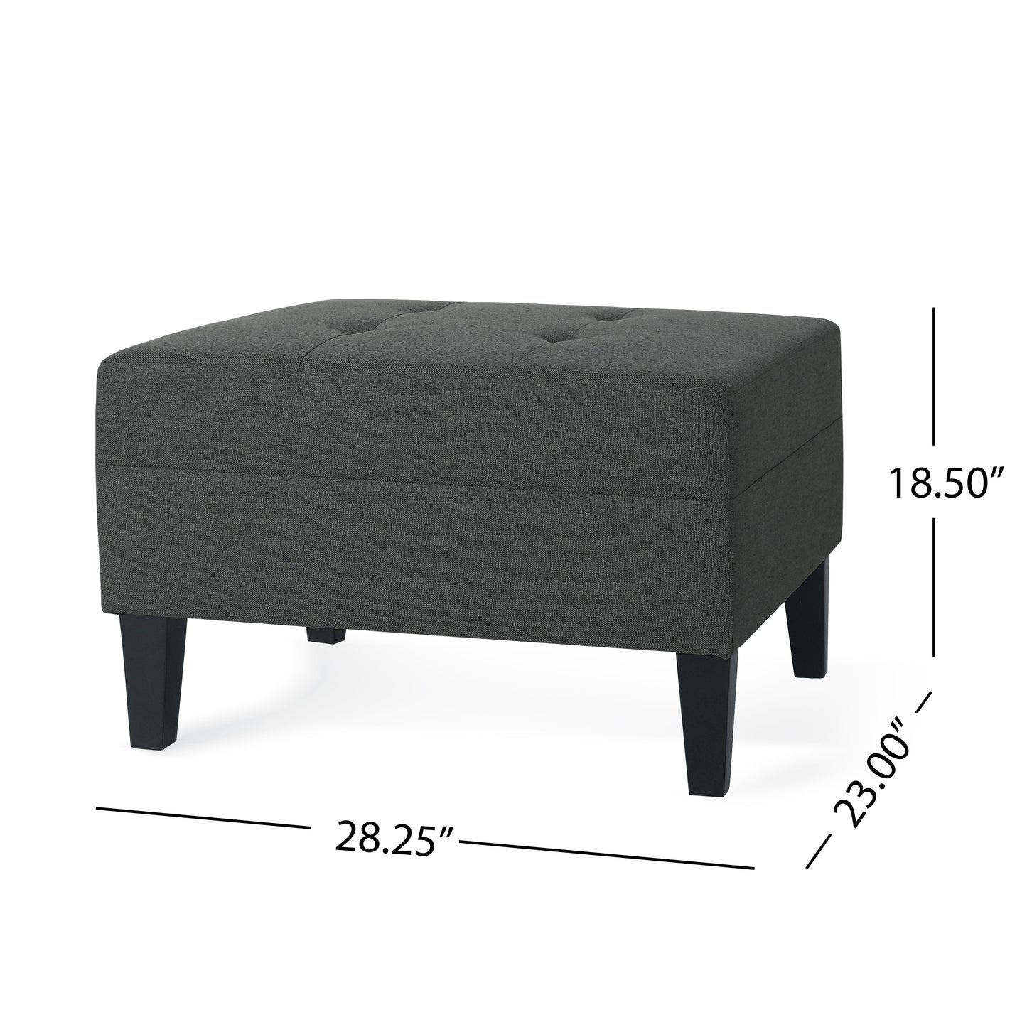 Dark gray tufted ottoman with black tapered legs perfect for living rooms