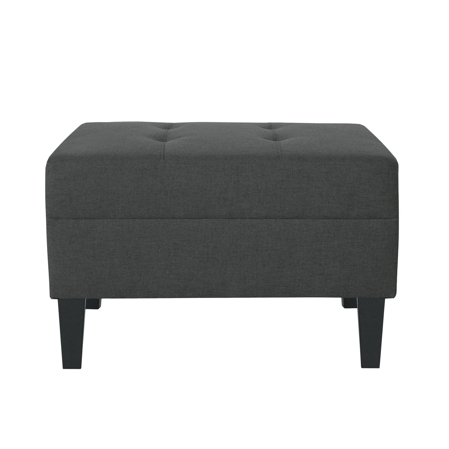 Tufted charcoal fabric ottoman with dark wooden legs a modern accent furniture piece
