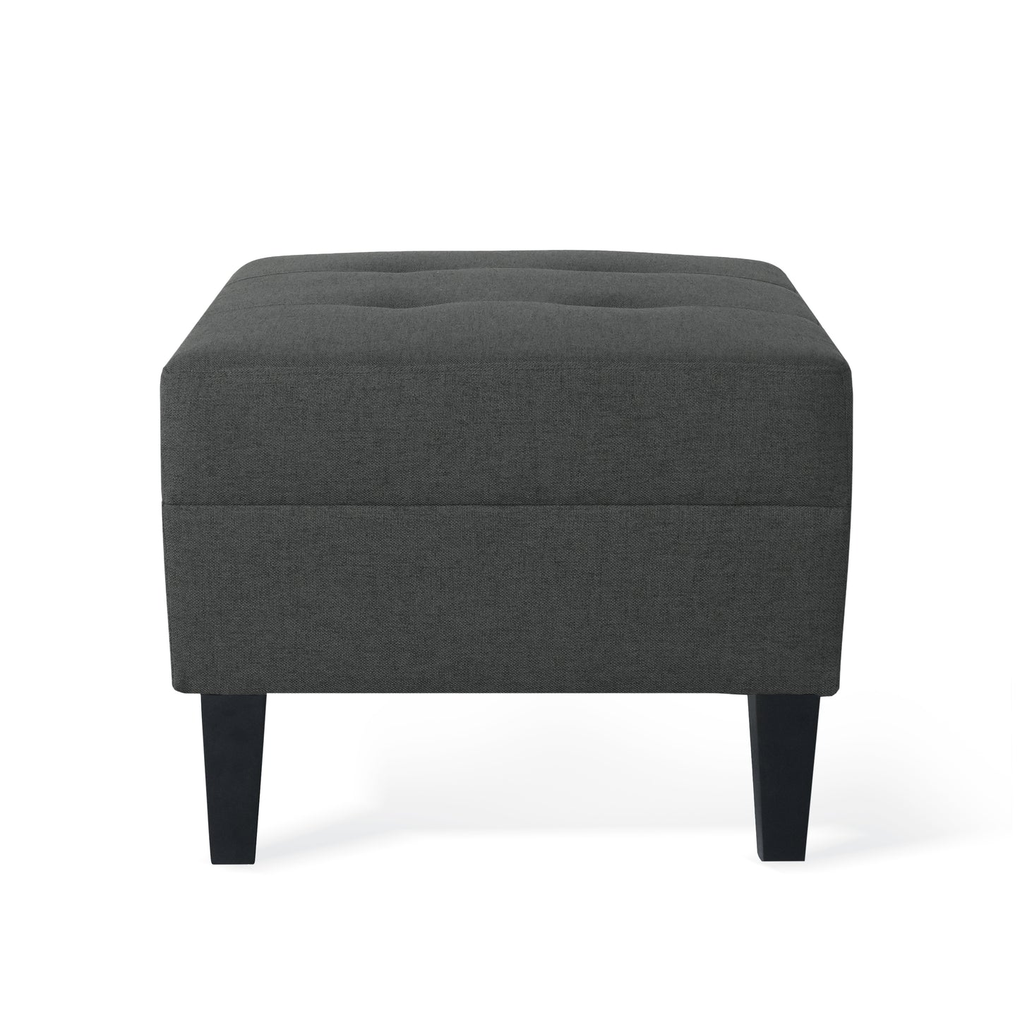 Tufted dark gray fabric ottoman with tapered black legs perfect for living rooms