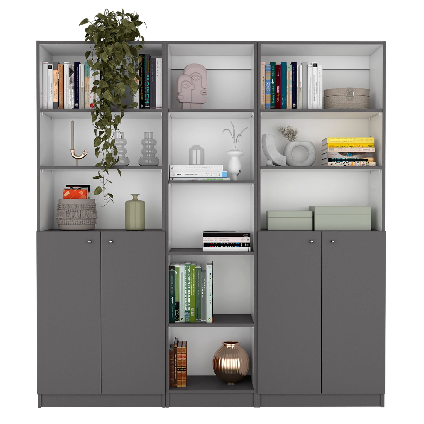 Gray modern modular bookshelf with books plants and decorative items