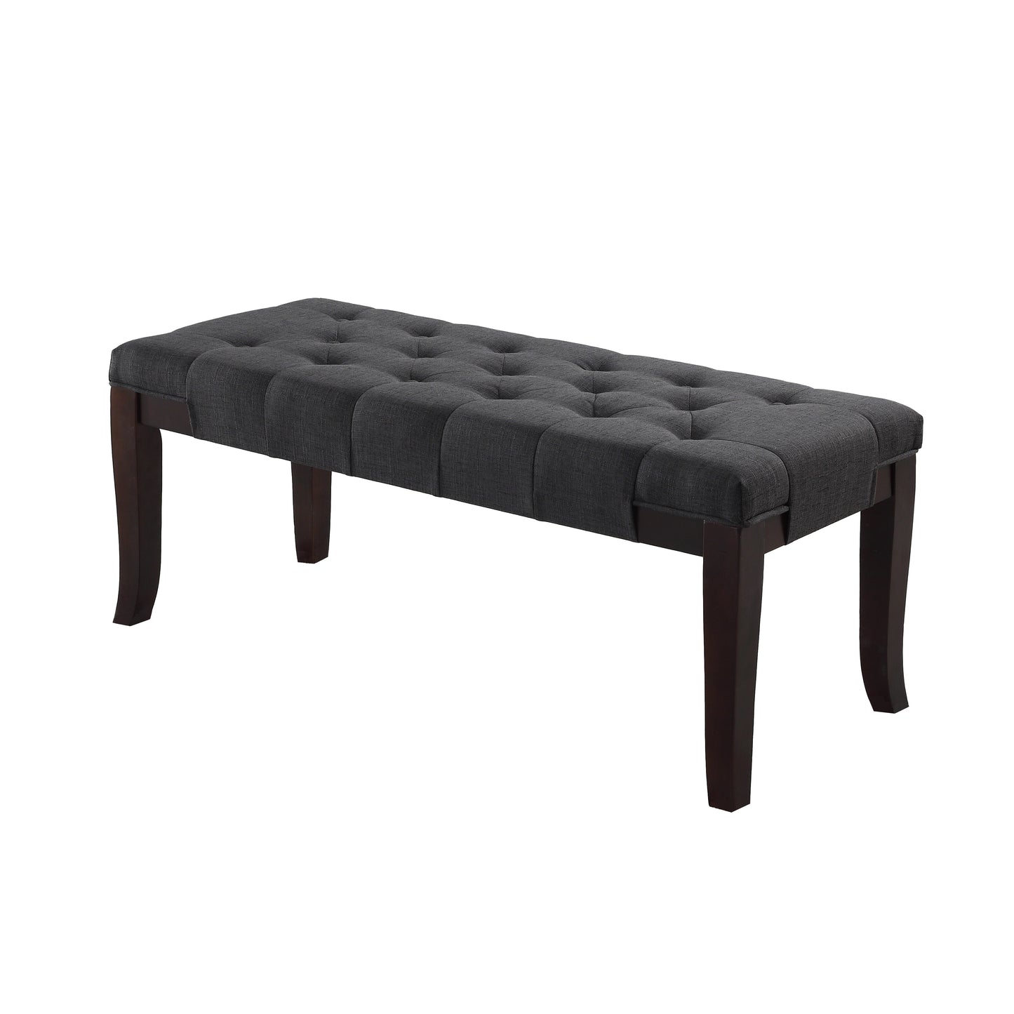 Dark grey fabric upholstered bench with button tufting and dark wood legs
