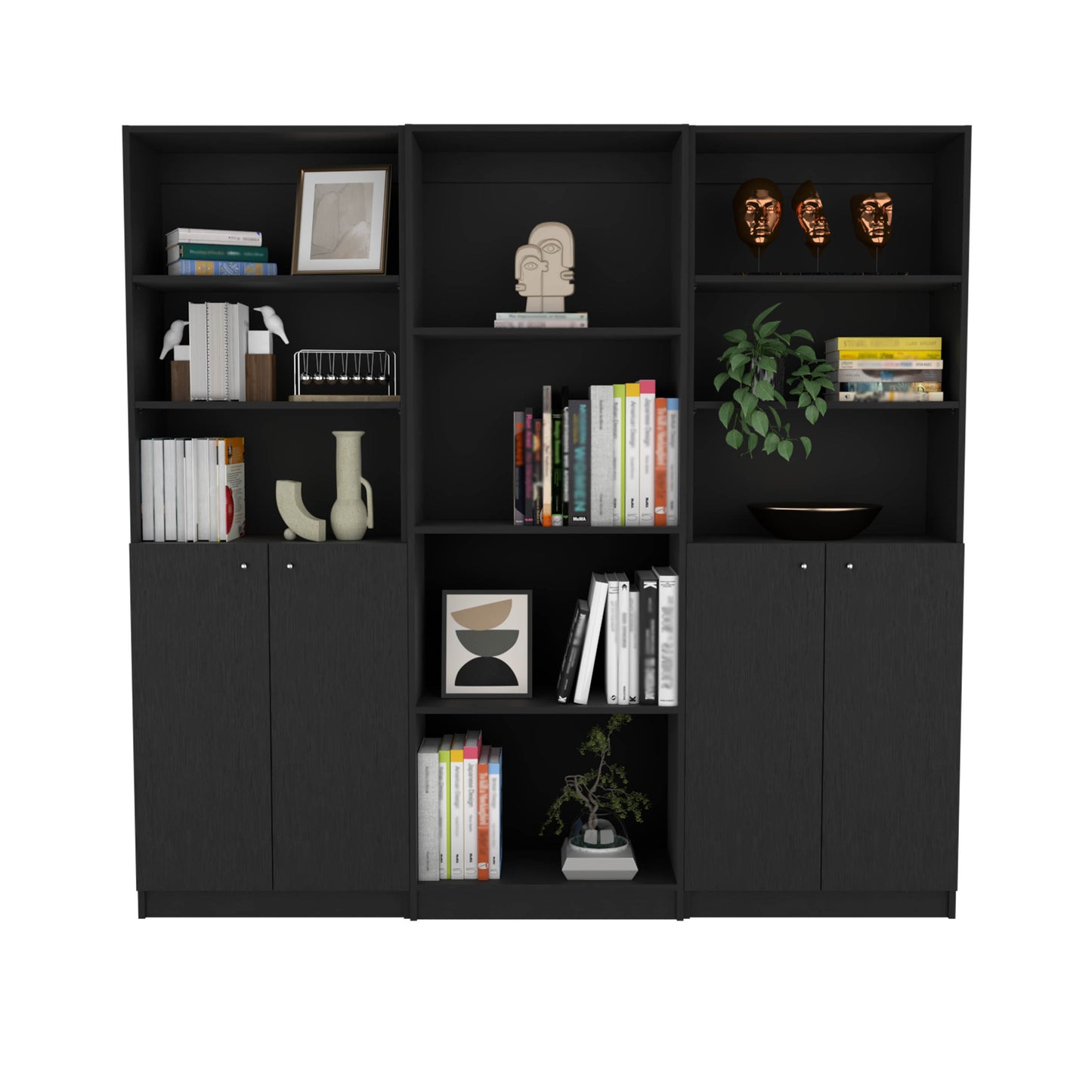 Black modular bookshelf unit filled with books and decorative items