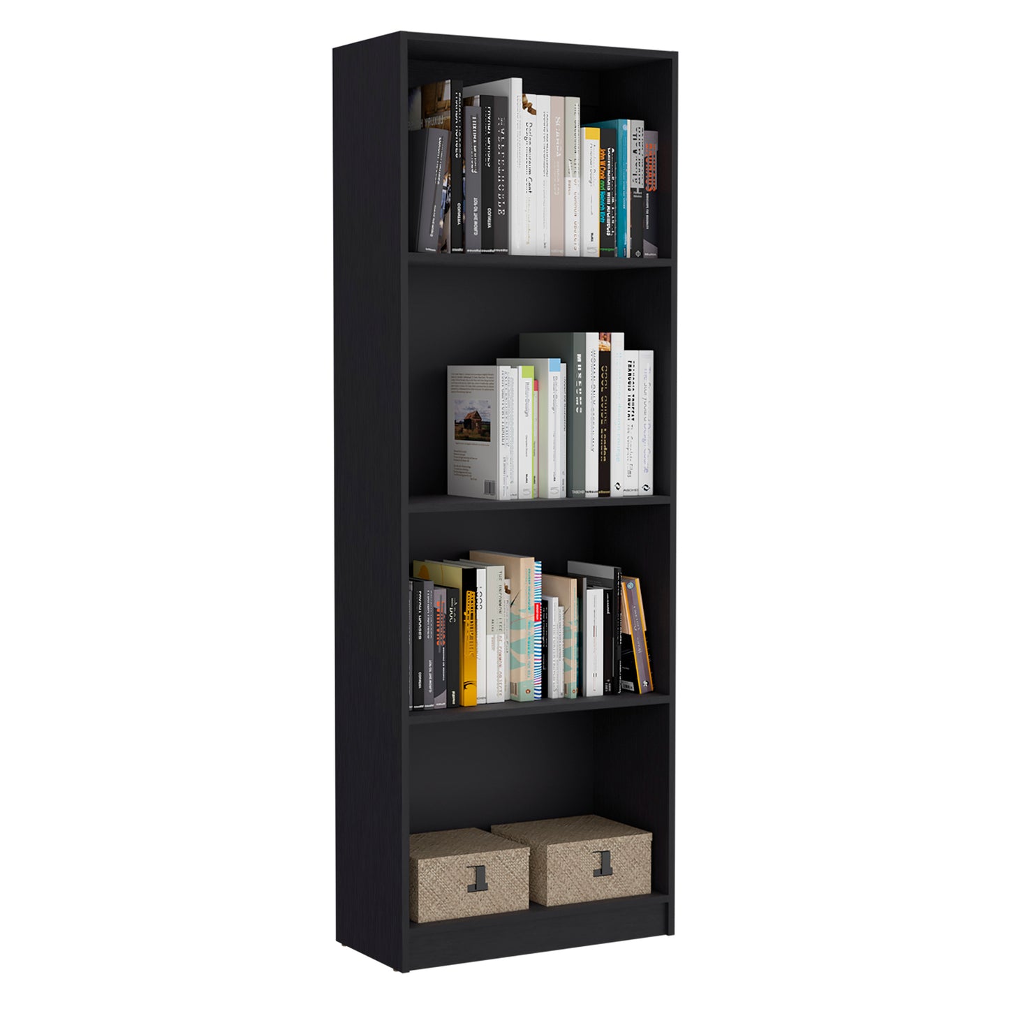Black fiveshelf modern bookshelf with books and two woven storage baskets