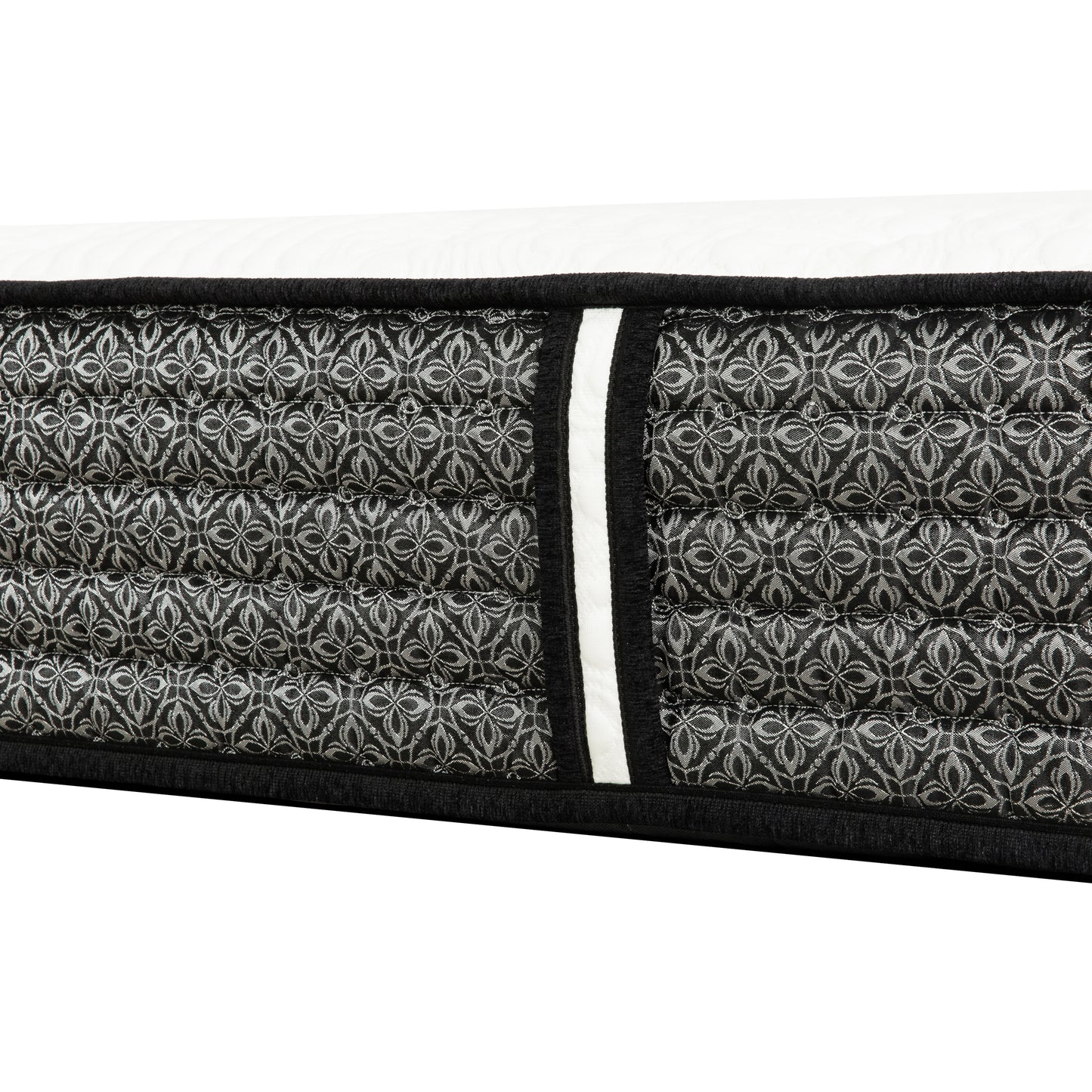 Closeup of a queen size mattress with a black damask pattern quilting and white stripe accent