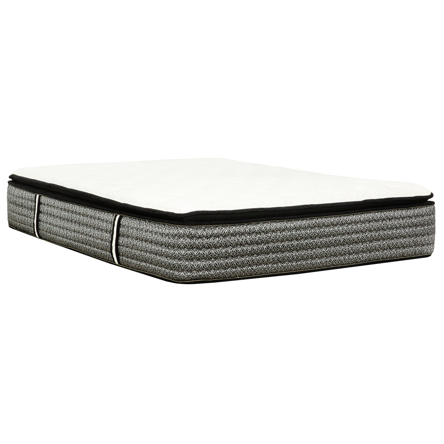 Plush white top mattress with a gray patterned side and black trim