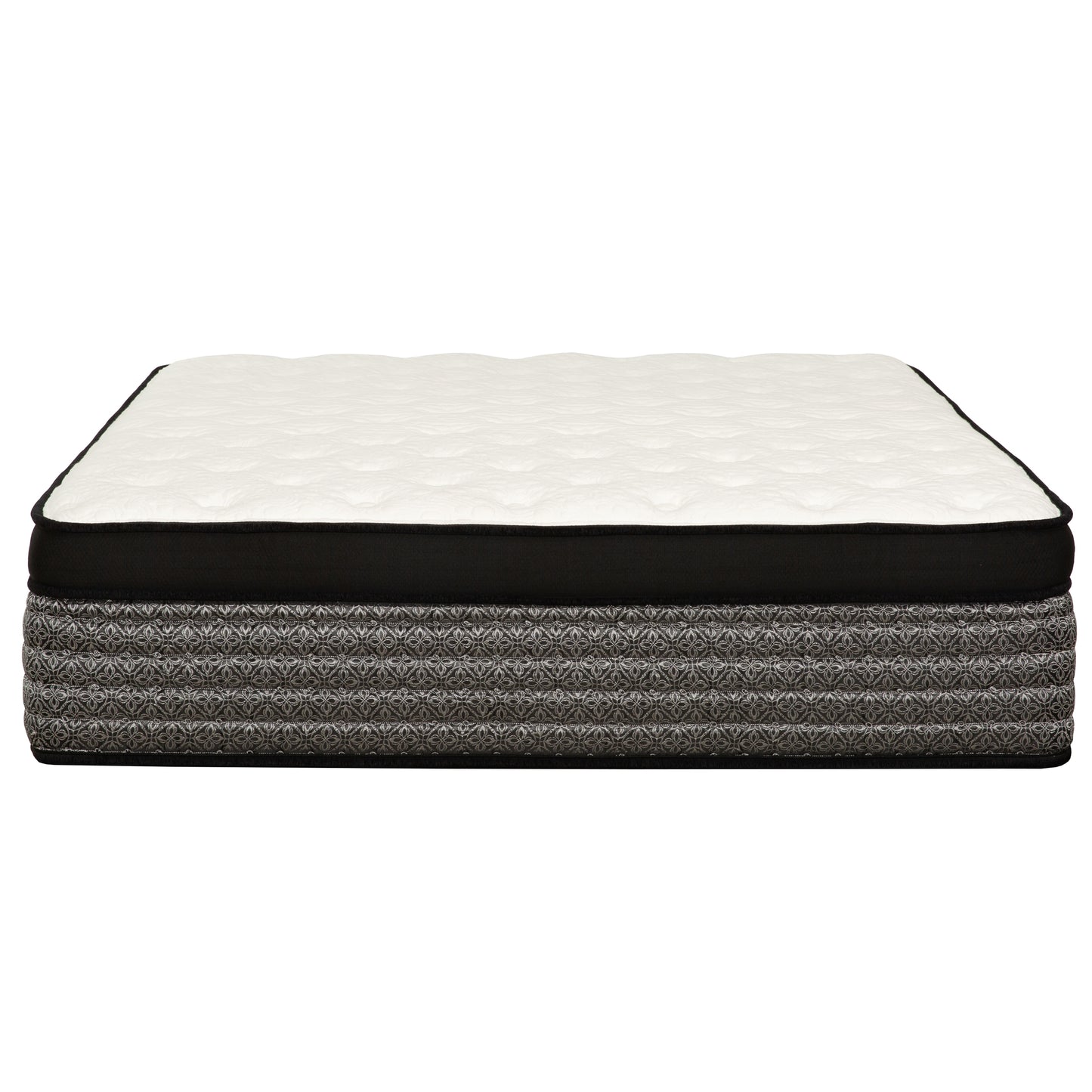 Plush white quilted top mattress with a black border and patterned grey sides