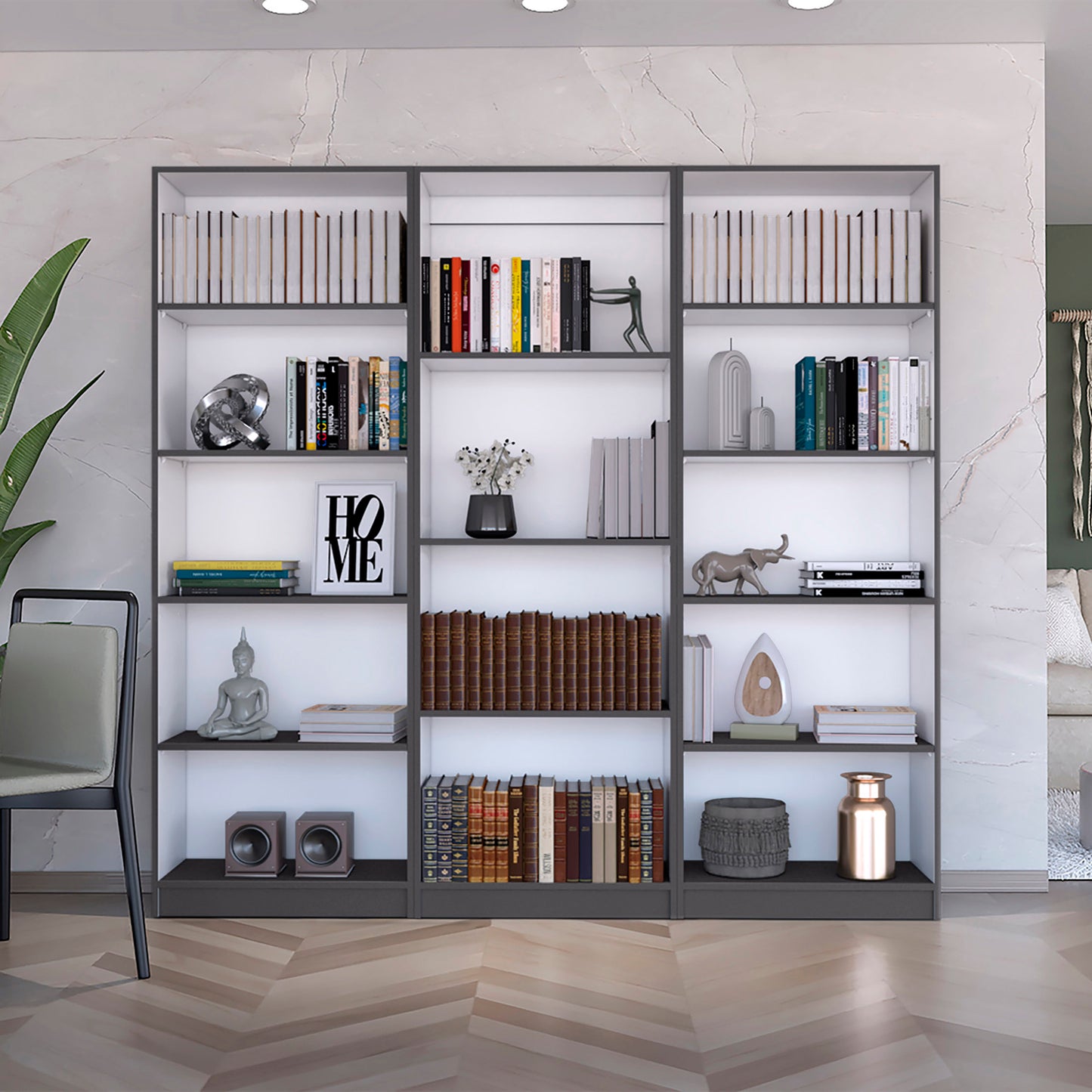 Grey modern bookshelf filled with assorted books and decorative items