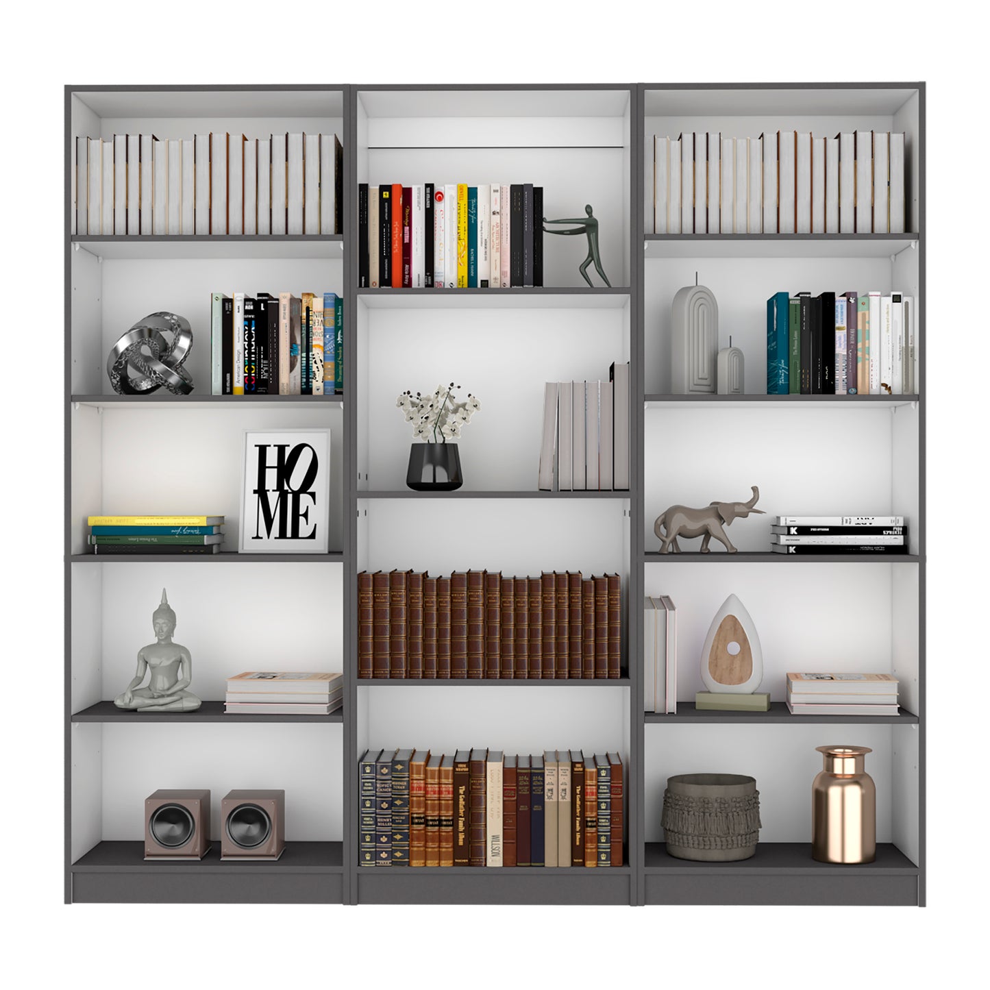 Modern gray bookshelf filled with various decorative books and objects
