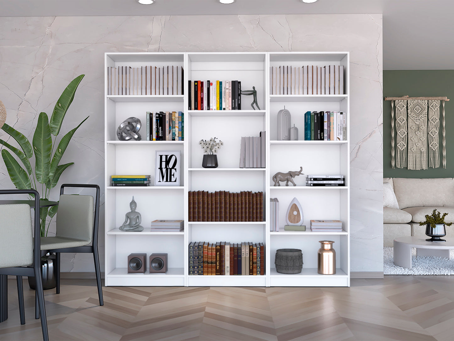 White modular bookshelf with rows of books and decorative items