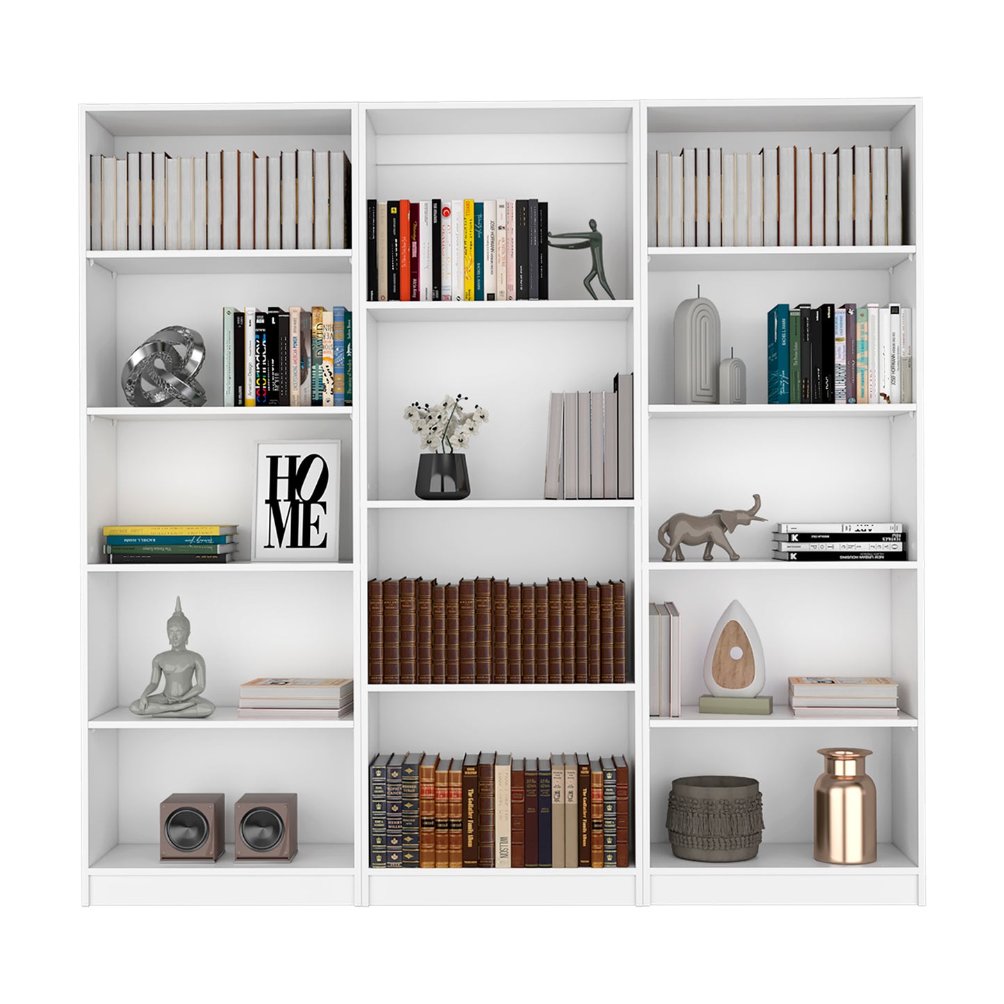 White bookshelf unit with assorted books and decor on multiple shelves
