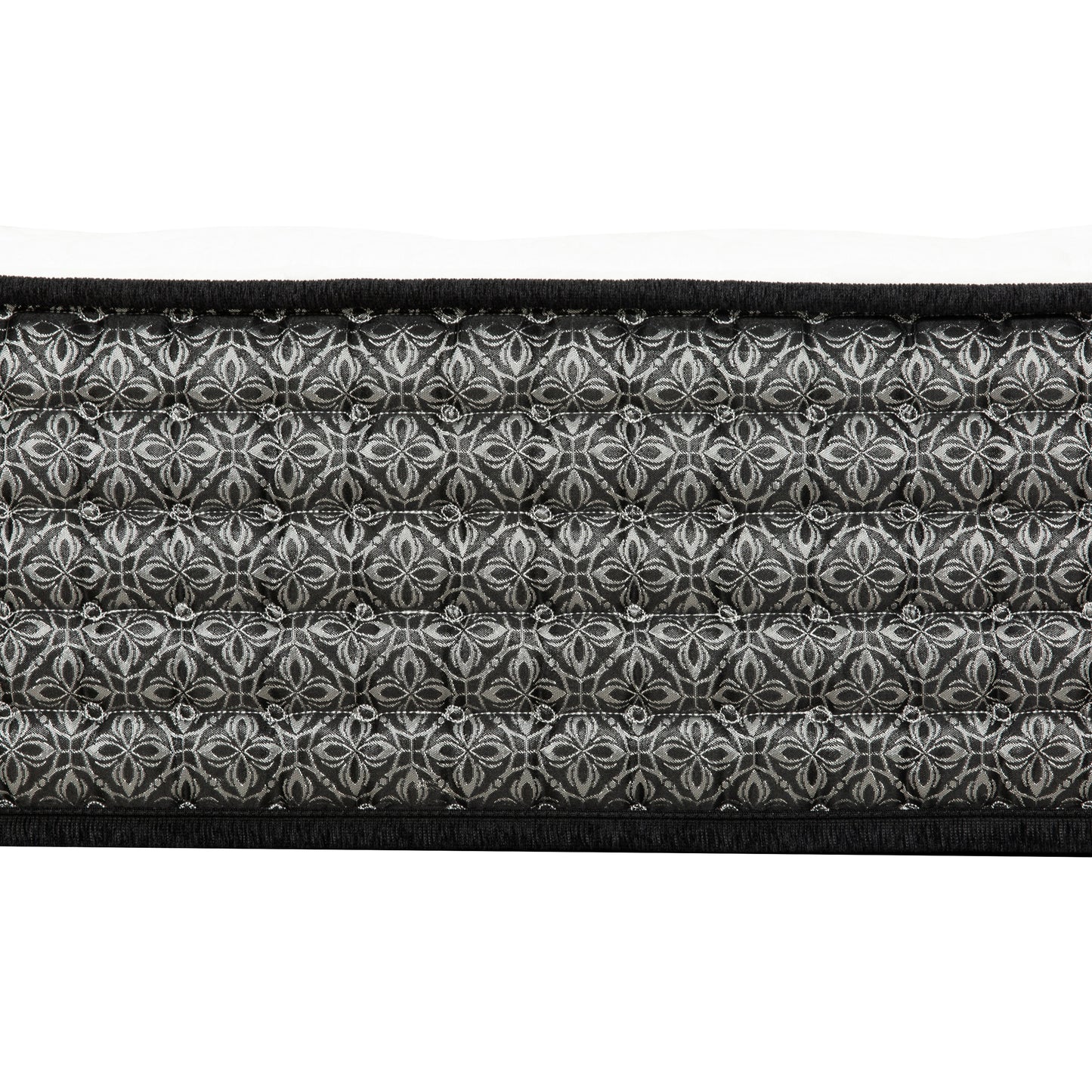 Black and silver jacquard patterned mattress fabric with decorative stitching detail