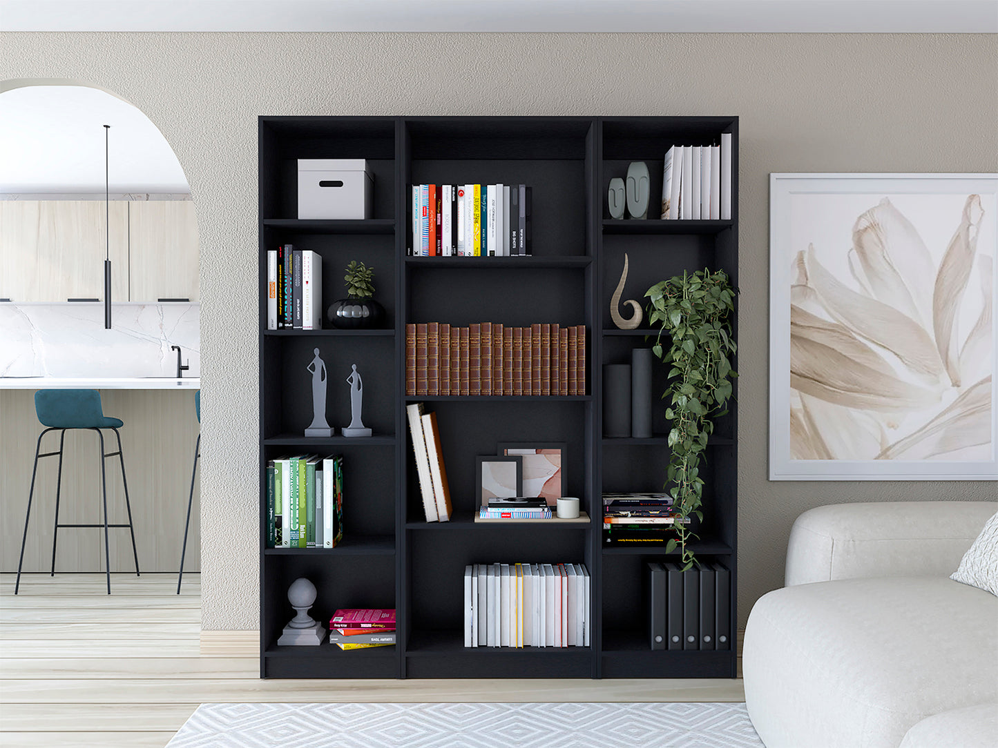 Dark gray modern bookshelf filled with various books and decor