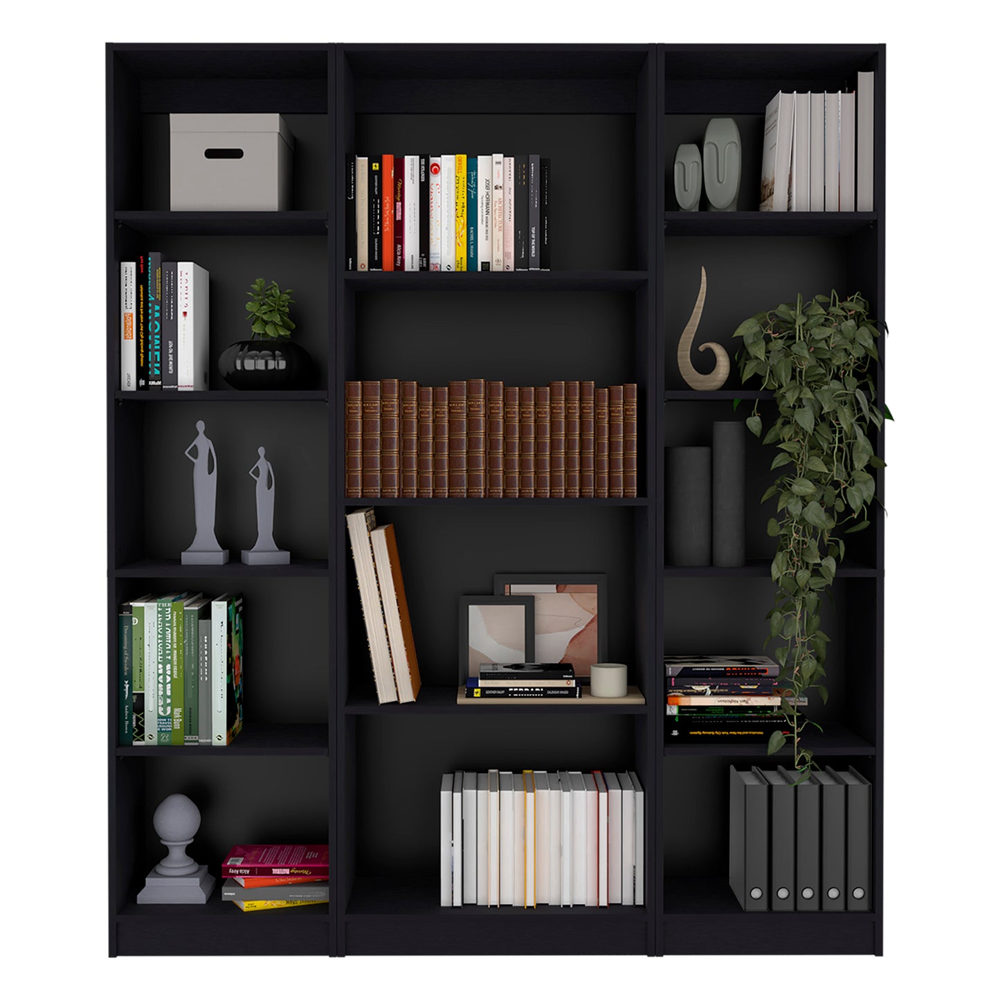 Modern black storage bookshelf filled with books decorative items and a plant
