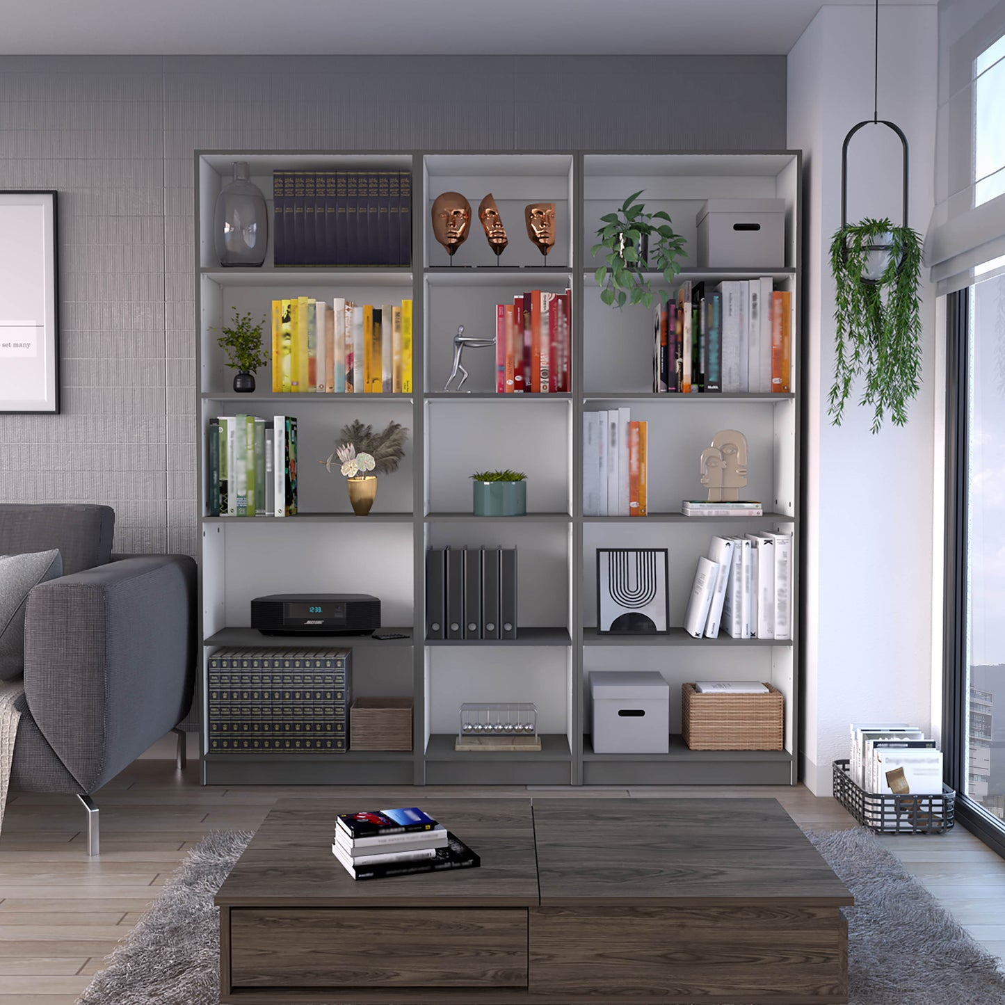 Modern bookshelf with varied book arrangements and decorative items