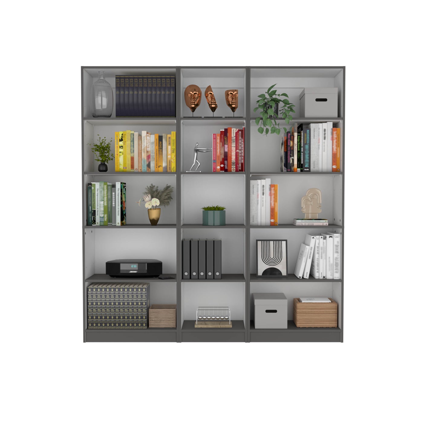 Gray modern bookshelf with books and decorative items
