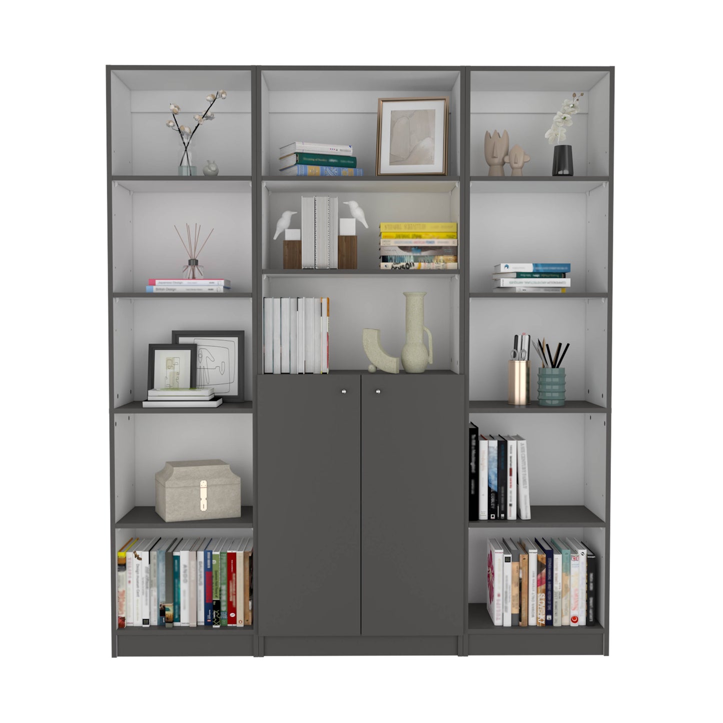 Modern gray storage bookshelf with decorative items and books on shelves