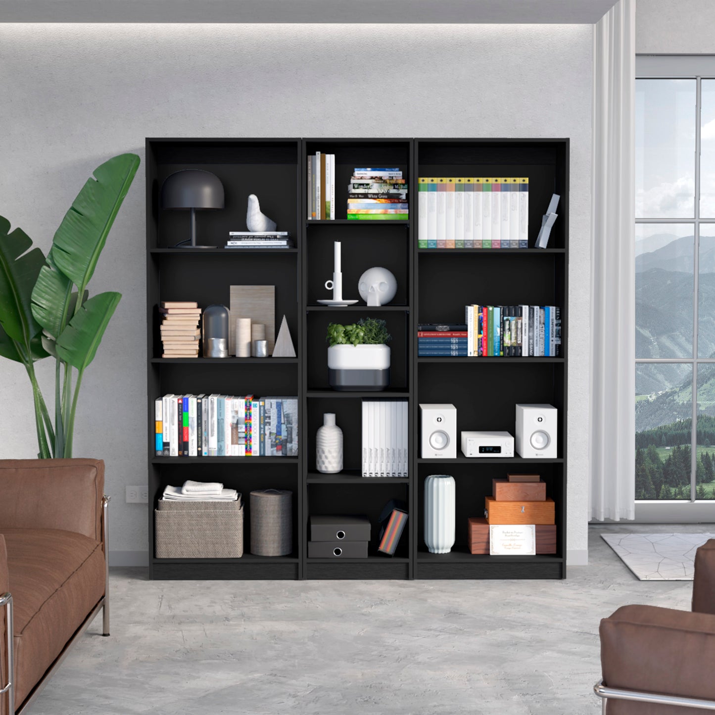 Modern black modular bookshelf filled with books decorative items and storage baskets