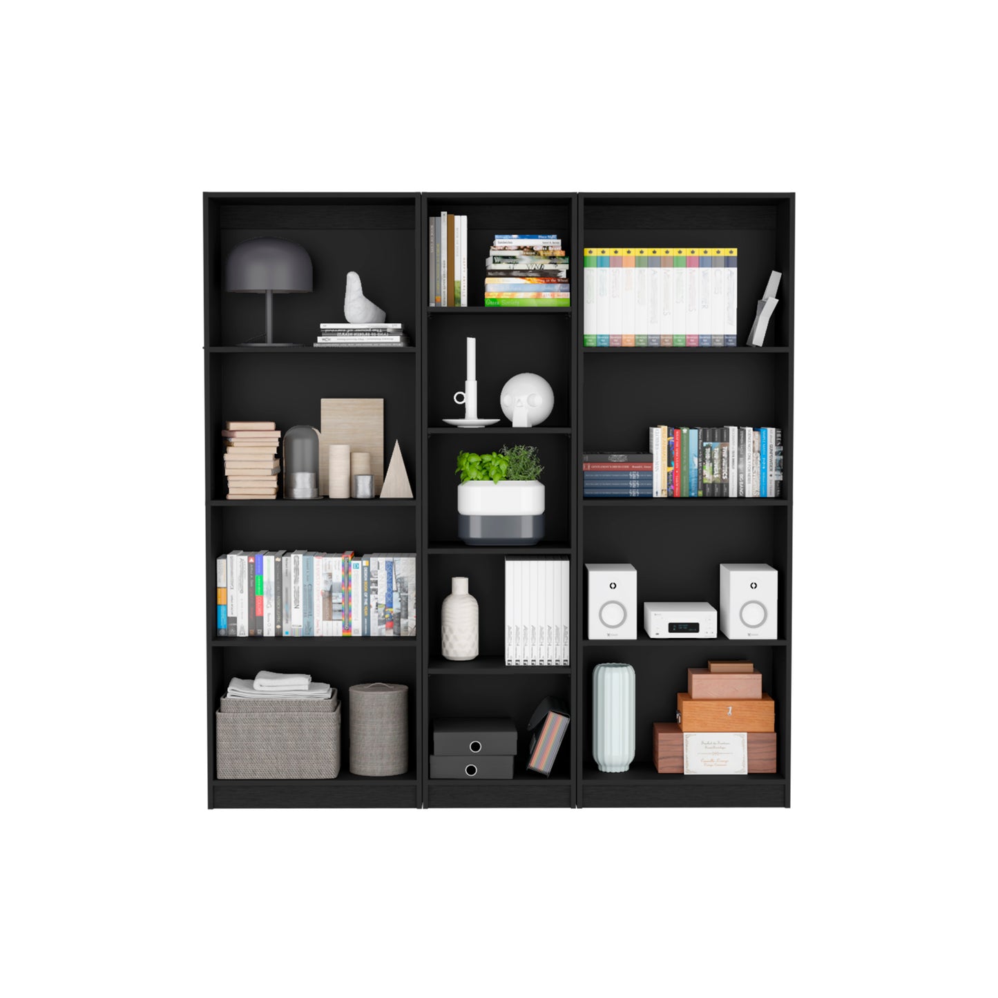 Black modern desk lamp with adjustable shade on a shelf
