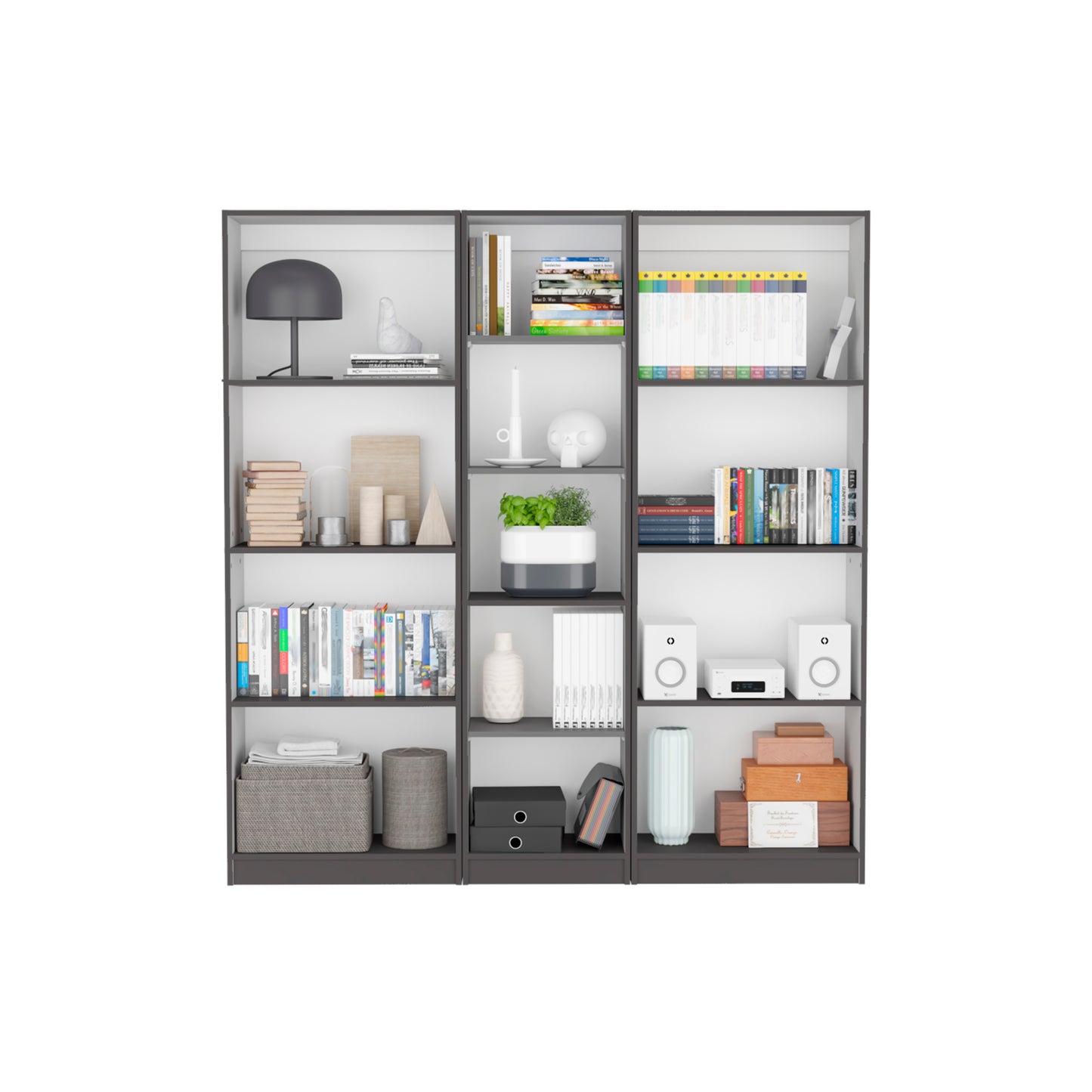 Modern grey modular bookshelf with assorted books and decorative items