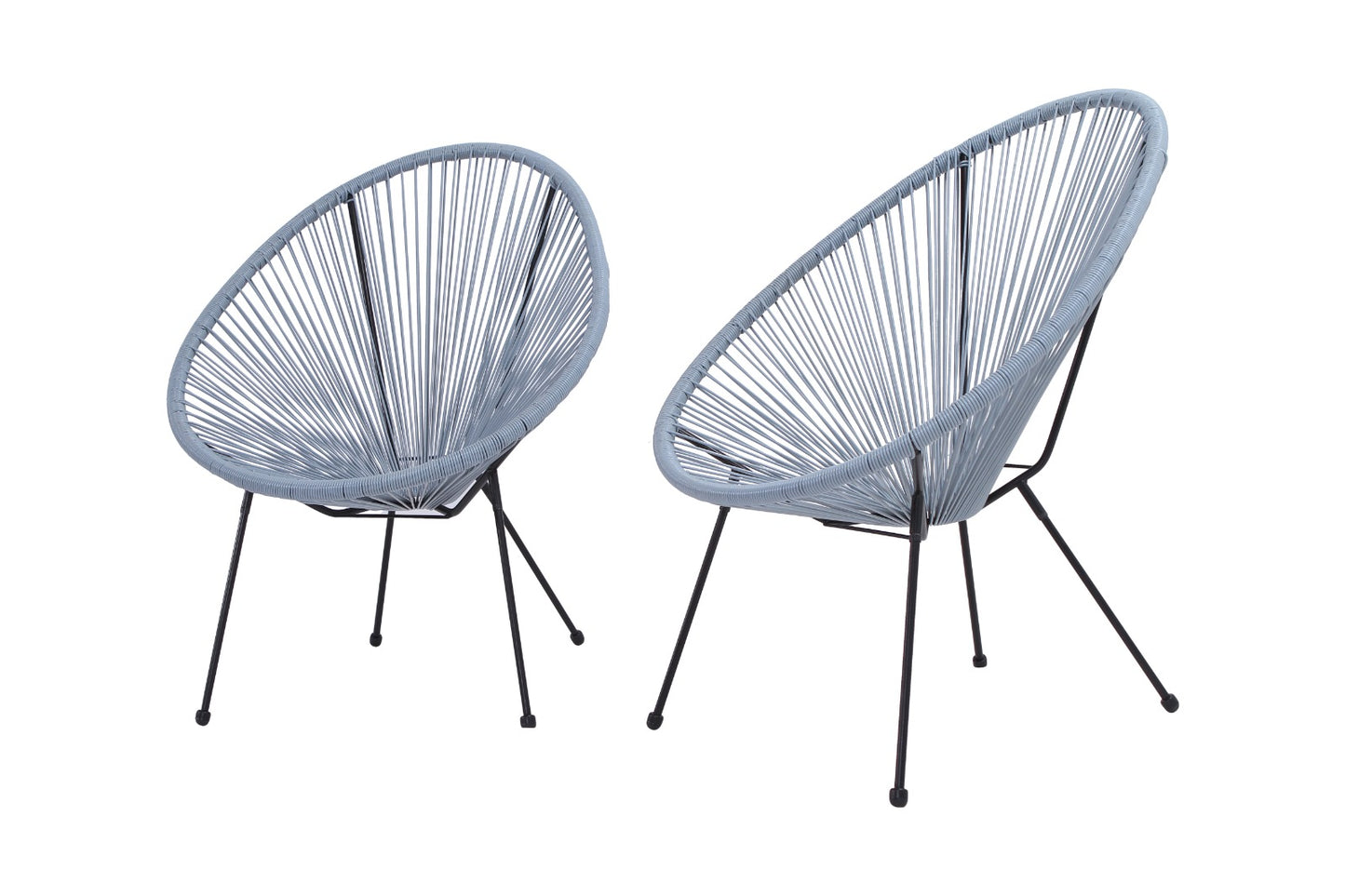 Two light blue woven cord chairs with black metal legs perfect for patio seating