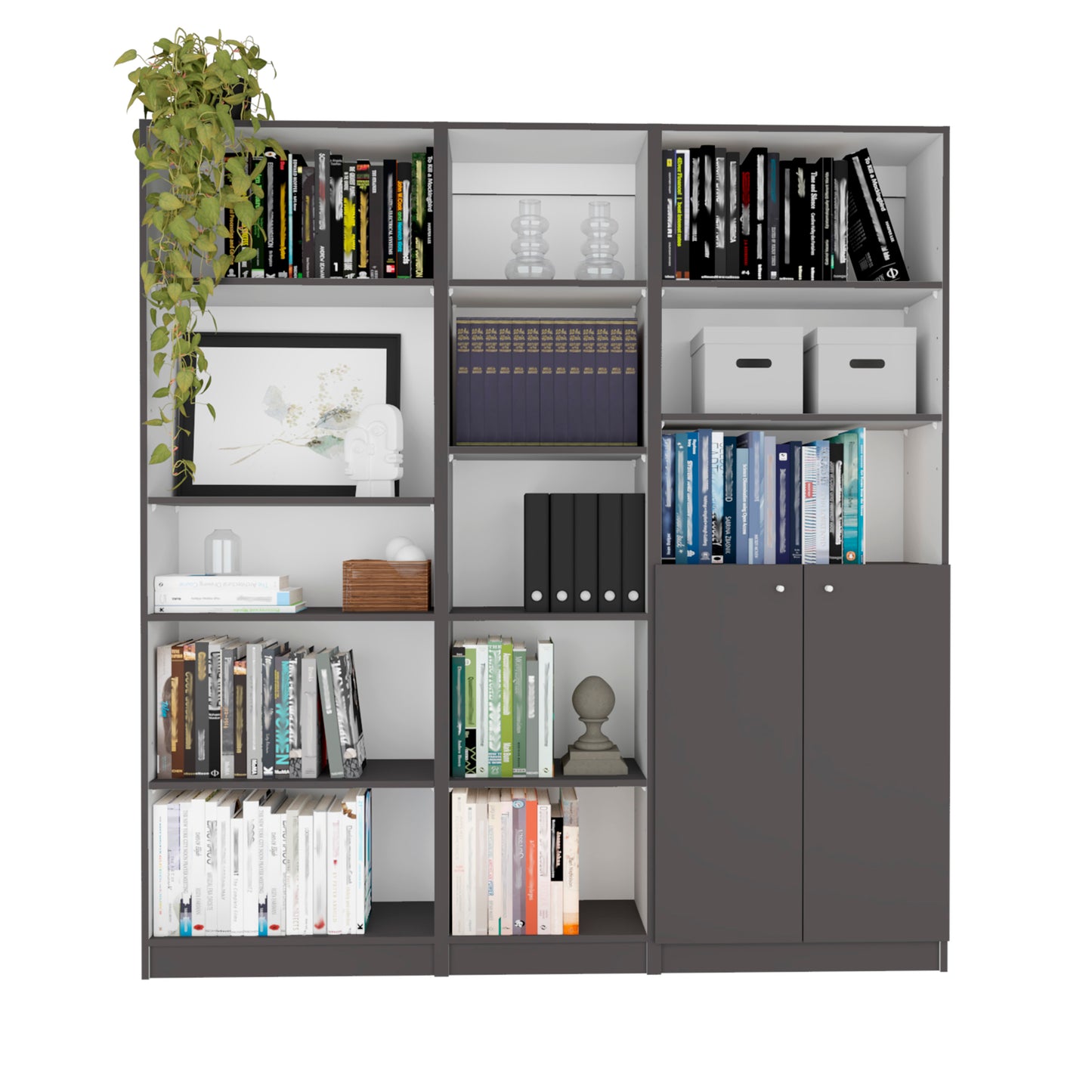 Modern gray bookshelf with assorted books framed art and hanging plant
