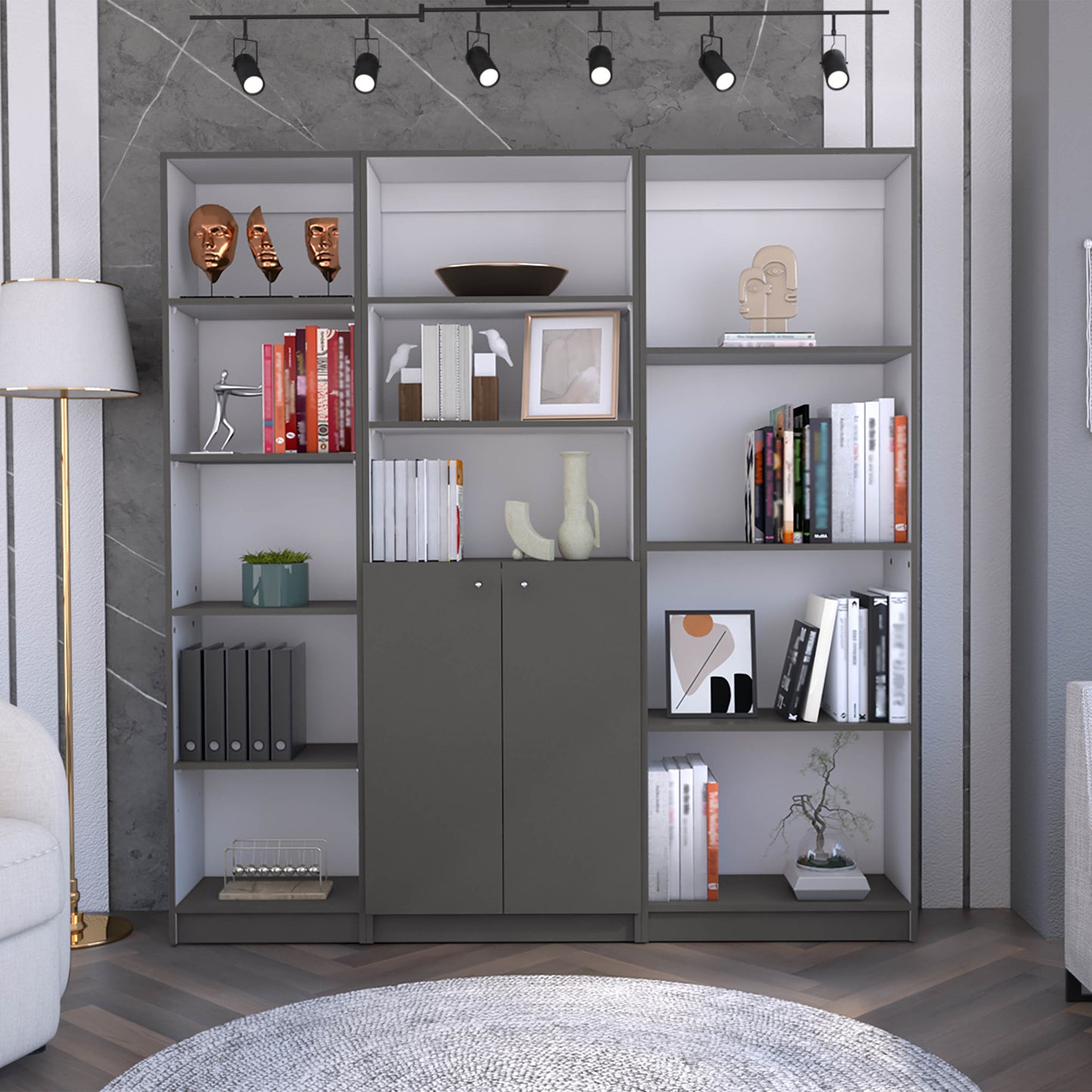 Modern gray modular bookshelf with art deco masks and books